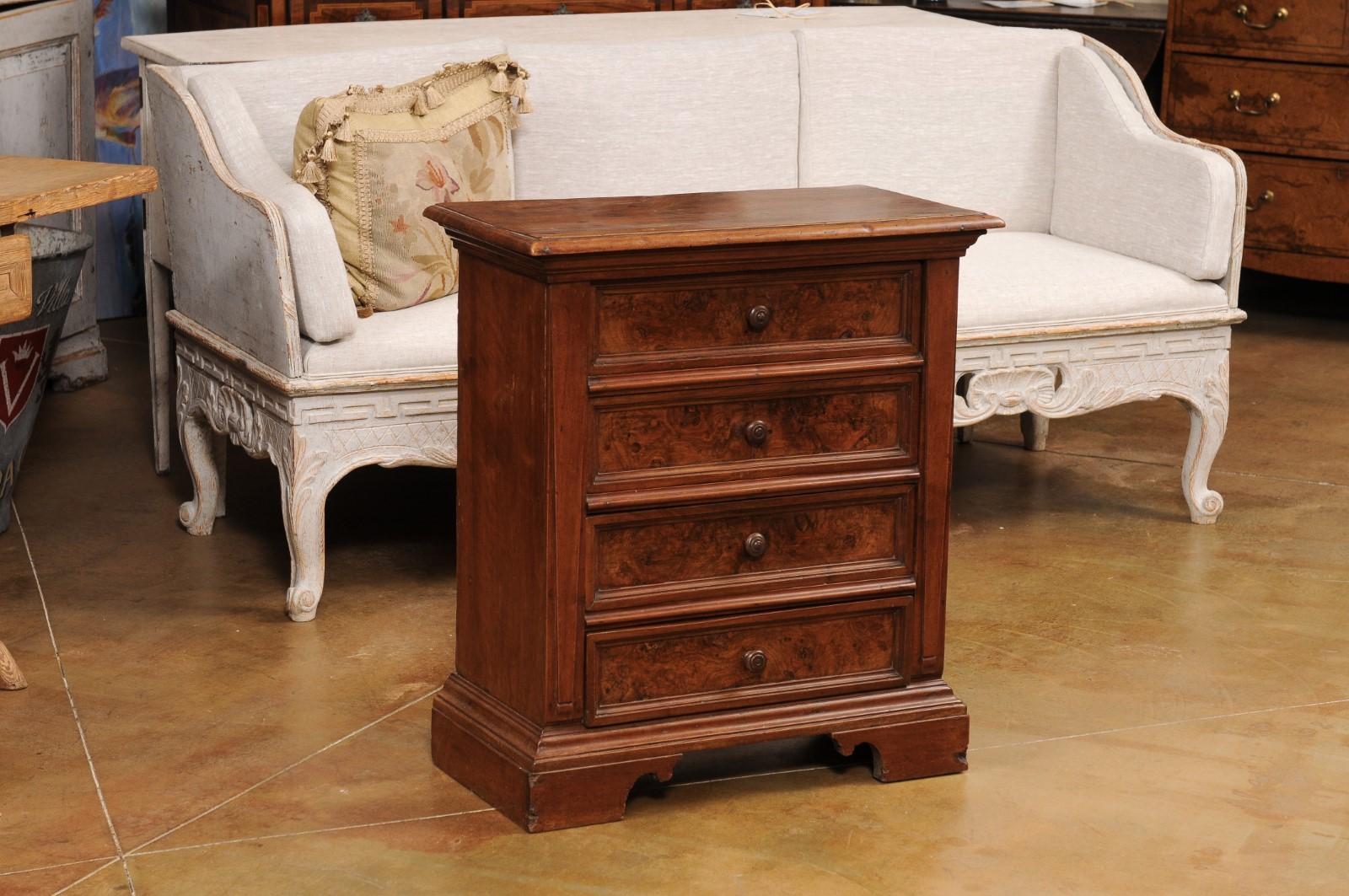 Italian 1840s Bedside Chest with Four Drawers, Burl Panels and Bracket Feet For Sale 6
