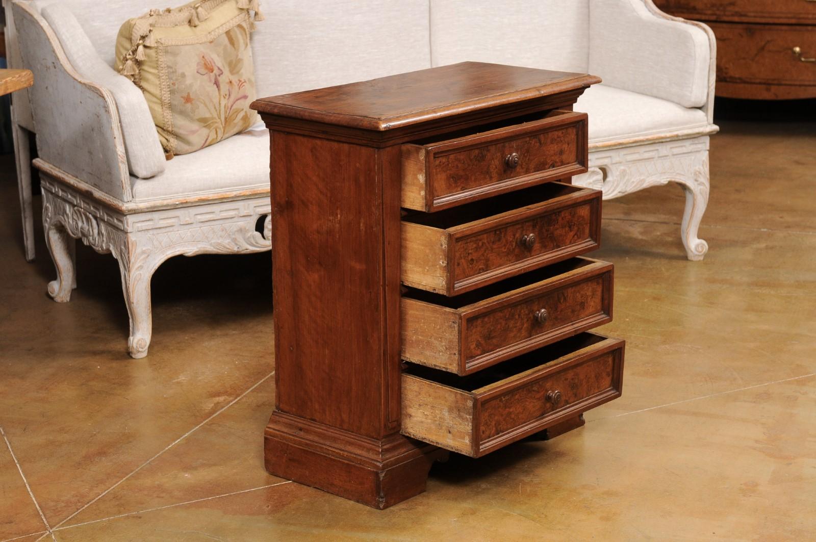 Veneer Italian 1840s Bedside Chest with Four Drawers, Burl Panels and Bracket Feet For Sale