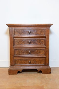 Italian 1840s Bedside Chest with Four Drawers, Burl Panels and Bracket Feet