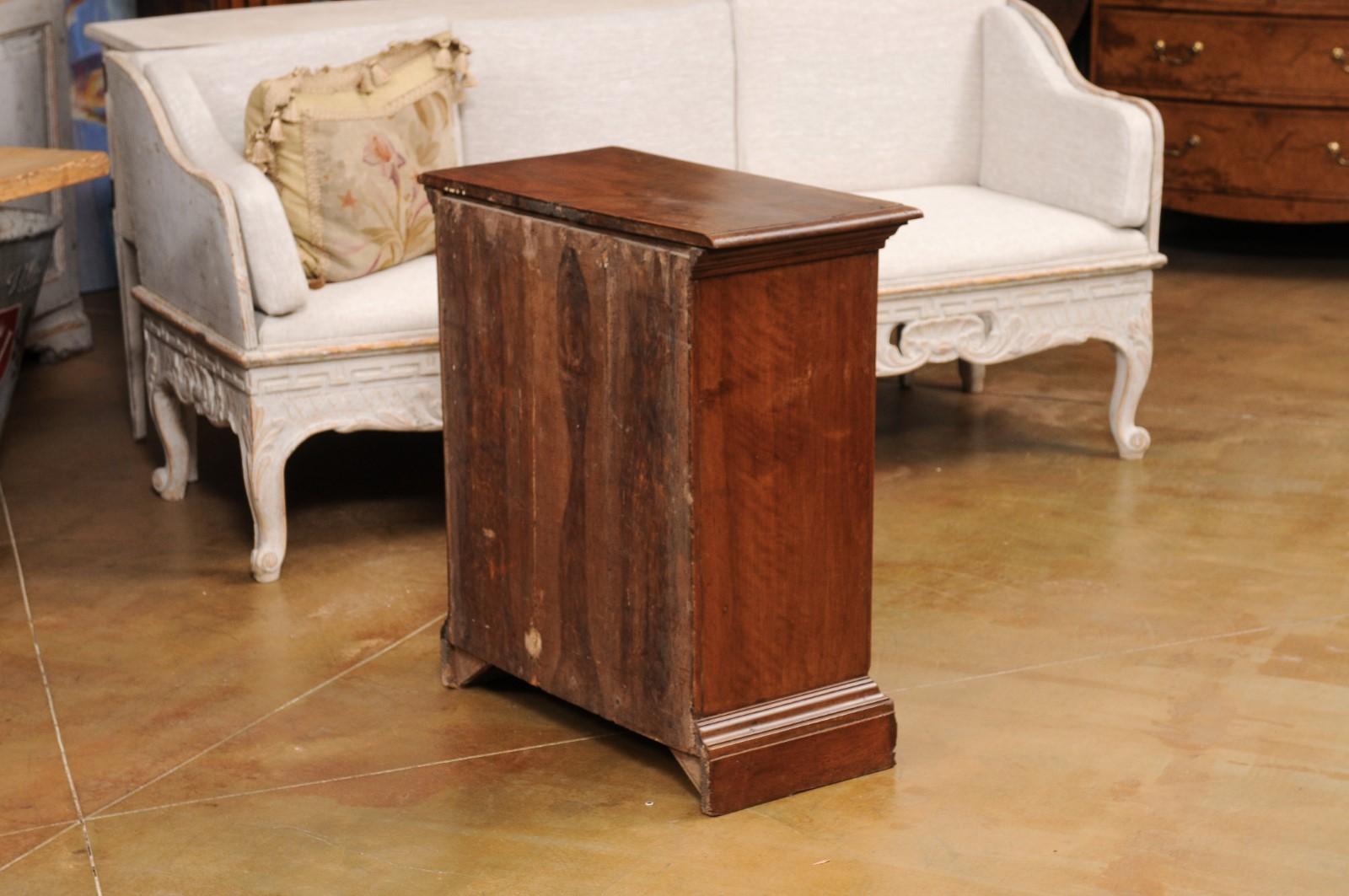 Walnut Italian 1840s Bedside Chest with Four Drawers, Burl Panels and Bracket Feet For Sale