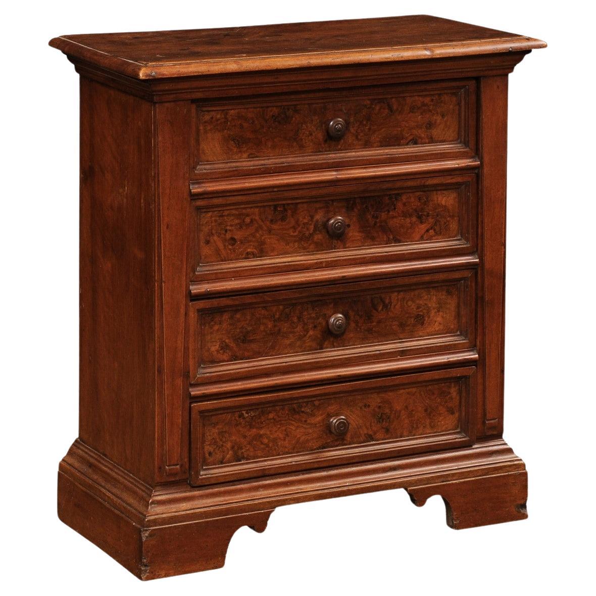 Italian 1840s Bedside Chest with Four Drawers, Burl Panels and Bracket Feet For Sale