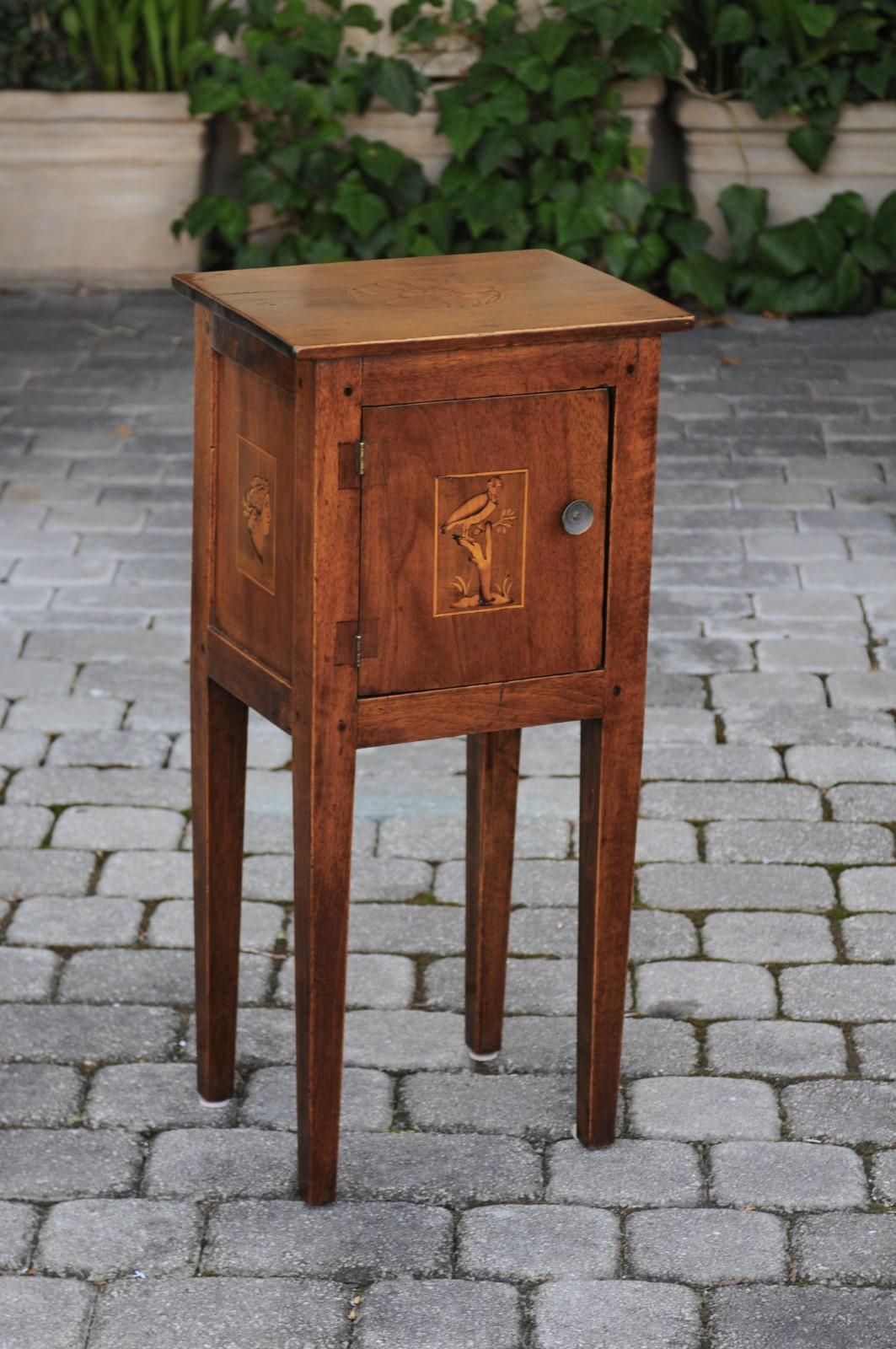Italian, 1840s Neoclassical Style Walnut Nightstand Cabinet with Marquetry Décor 6