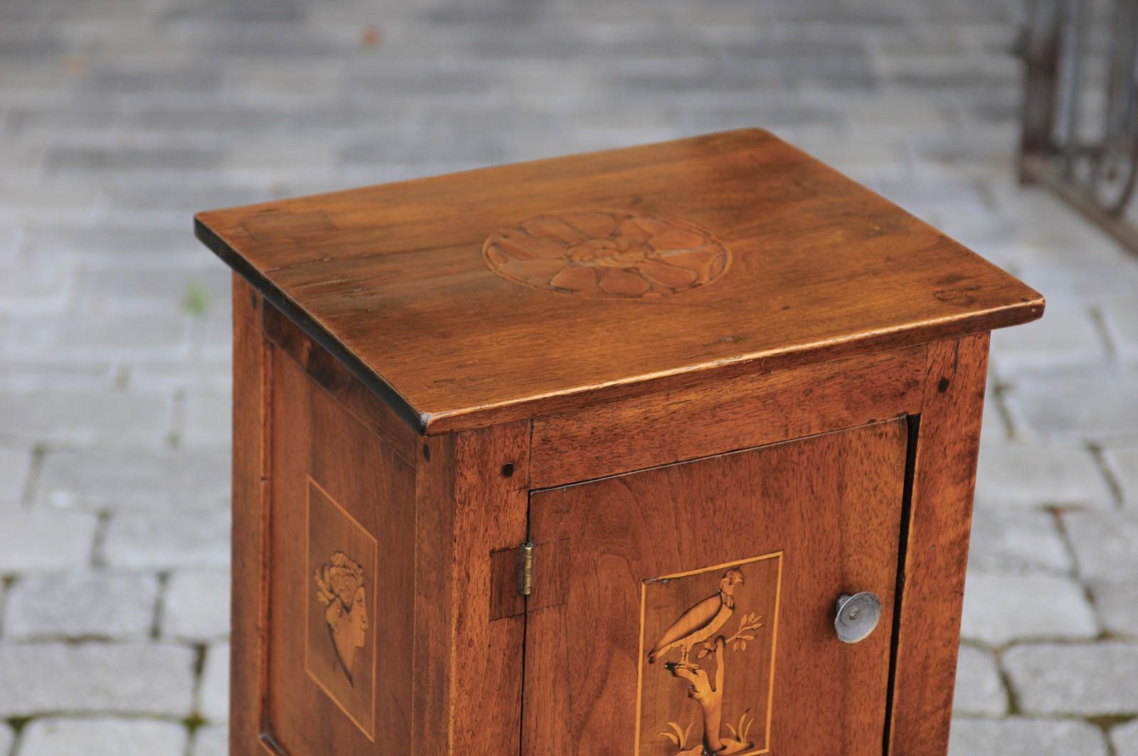 Italian, 1840s Neoclassical Style Walnut Nightstand Cabinet with Marquetry Décor 8