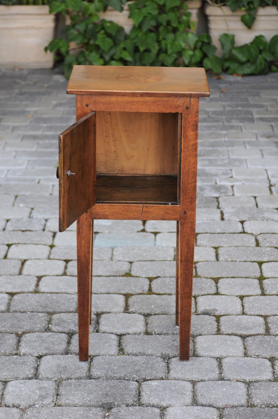 19th Century Italian, 1840s Neoclassical Style Walnut Nightstand Cabinet with Marquetry Décor