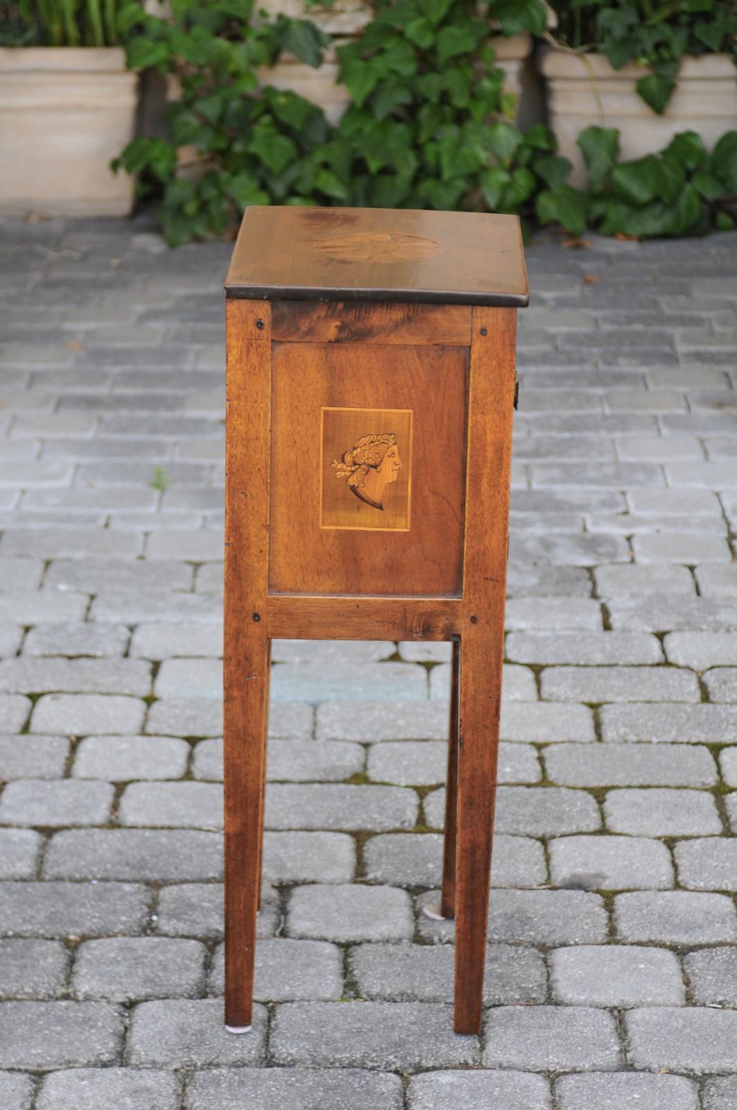 Italian, 1840s Neoclassical Style Walnut Nightstand Cabinet with Marquetry Décor 1
