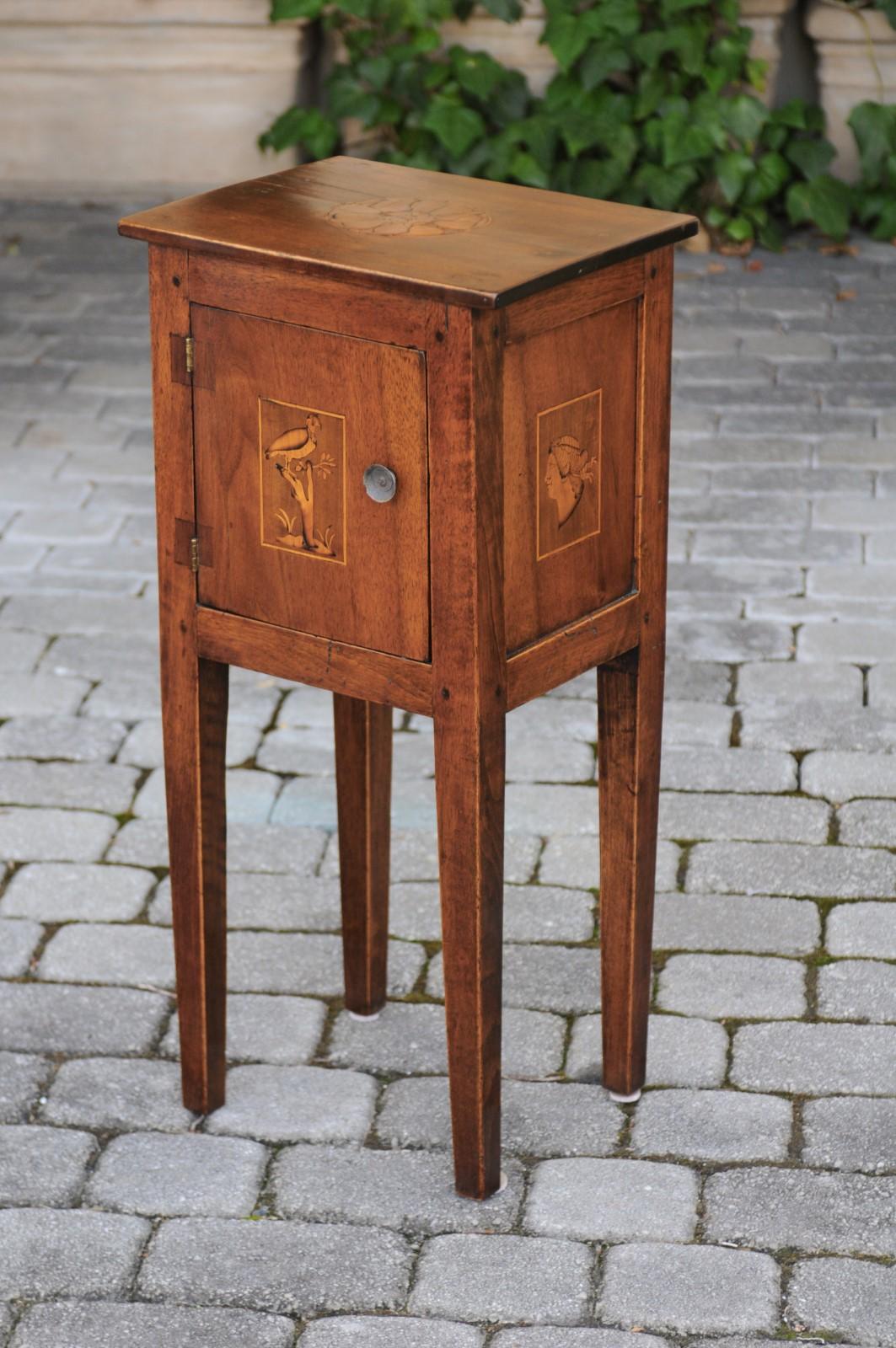 Italian, 1840s Neoclassical Style Walnut Nightstand Cabinet with Marquetry Décor 5
