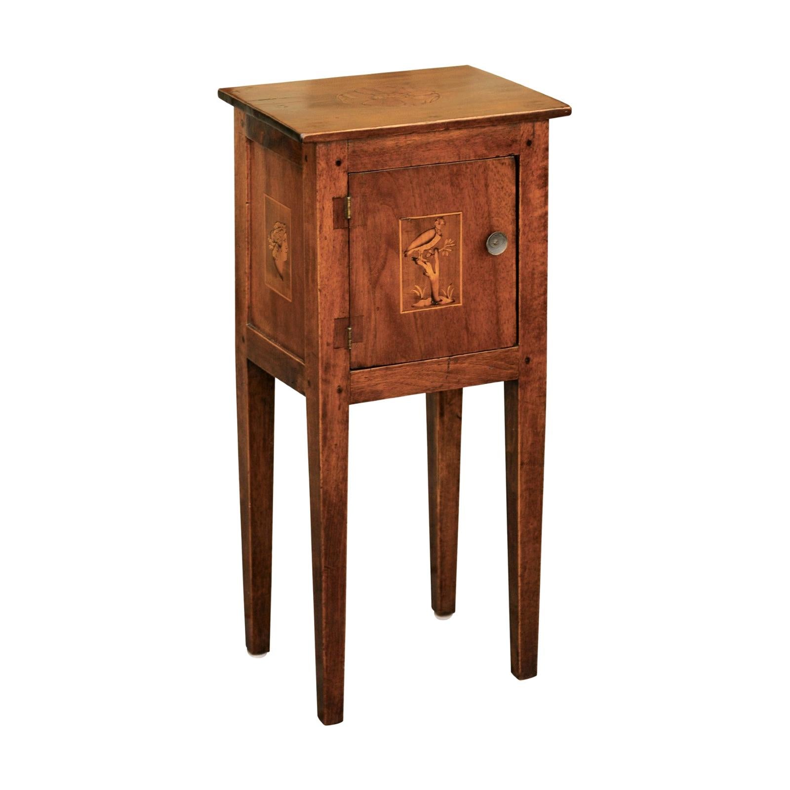 Italian, 1840s Neoclassical Style Walnut Nightstand Cabinet with Marquetry Décor