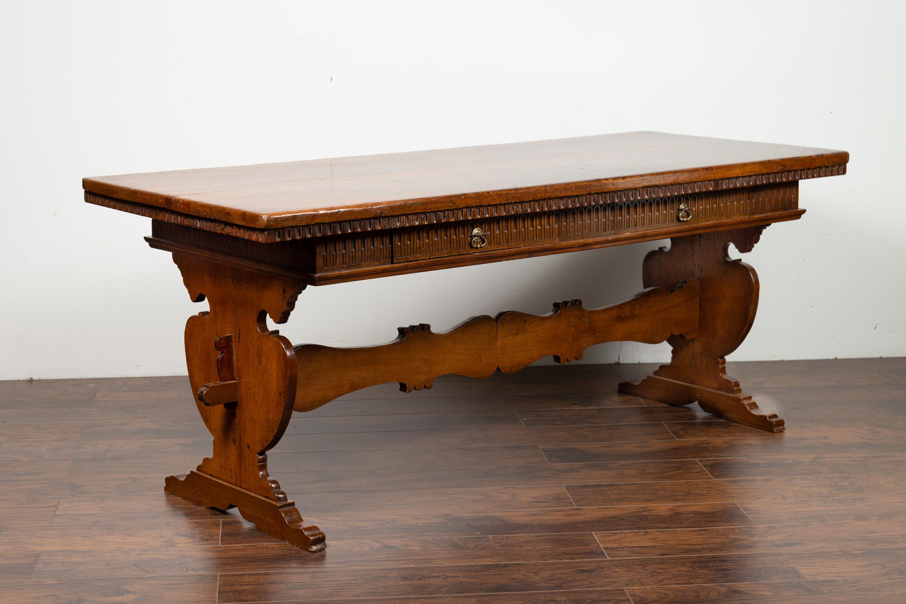 Italian 1840s Walnut Trestle Table with Two Drawers and Fluted Accents 6