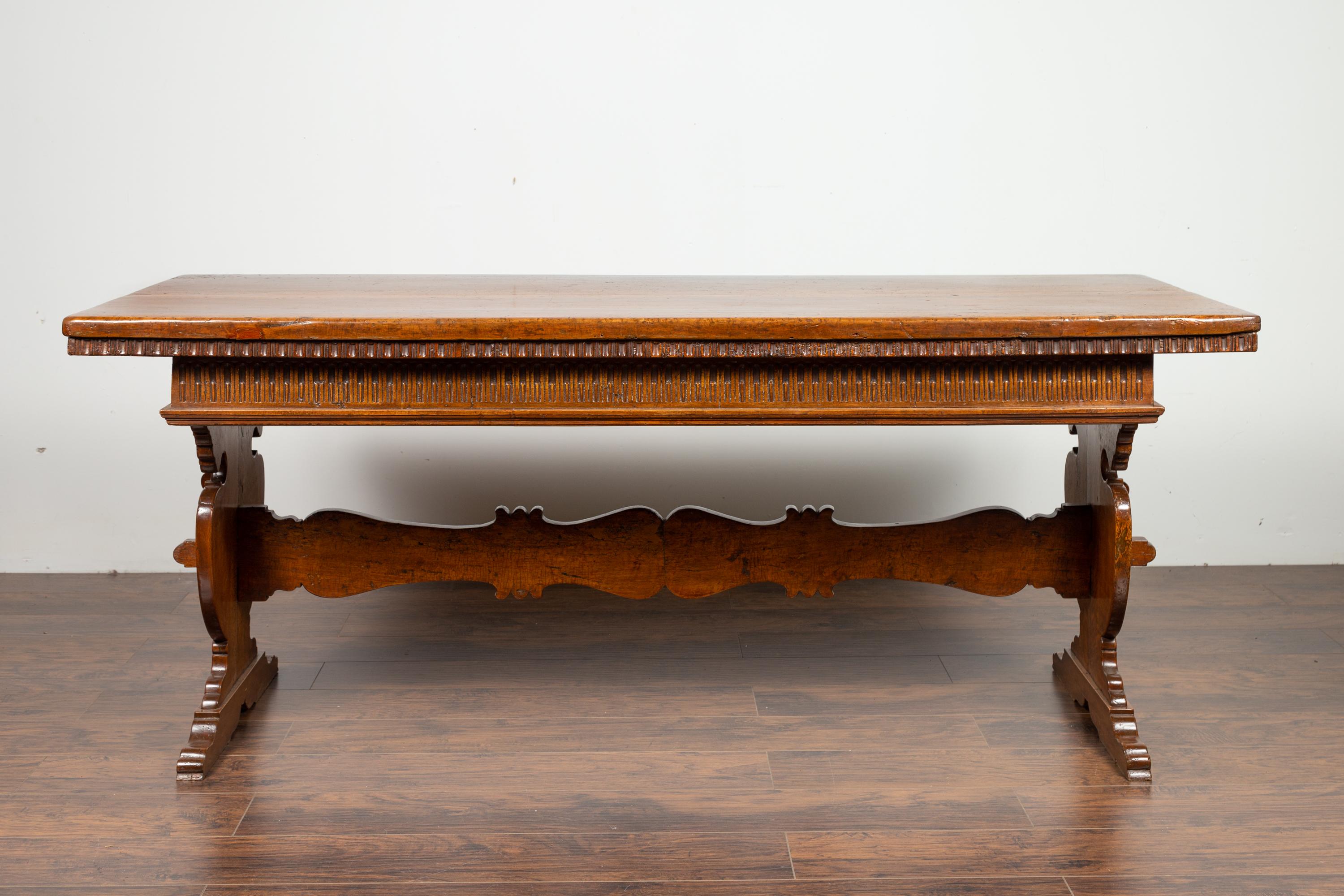 Italian 1840s Walnut Trestle Table with Two Drawers and Fluted Accents 8