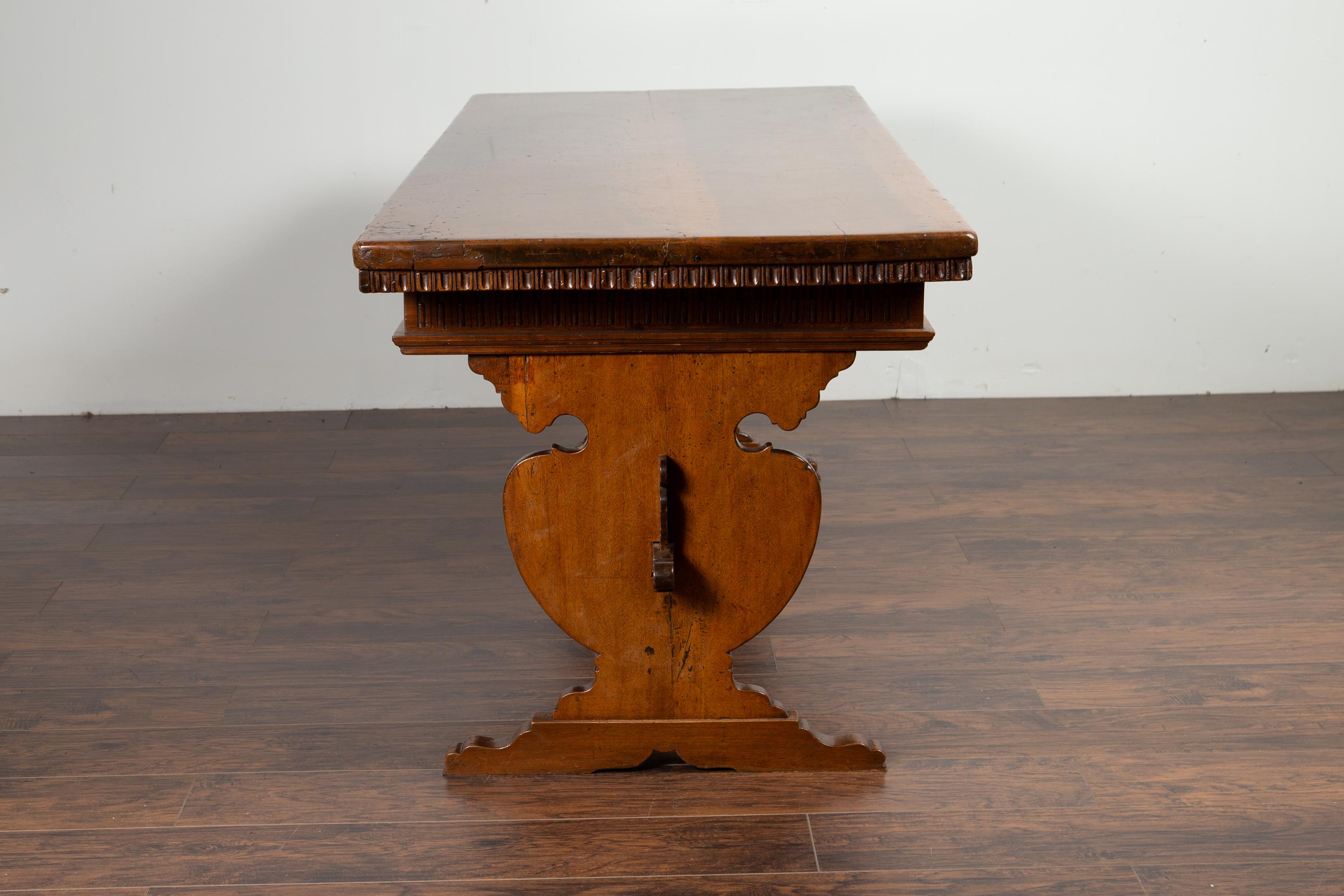 Italian 1840s Walnut Trestle Table with Two Drawers and Fluted Accents 9