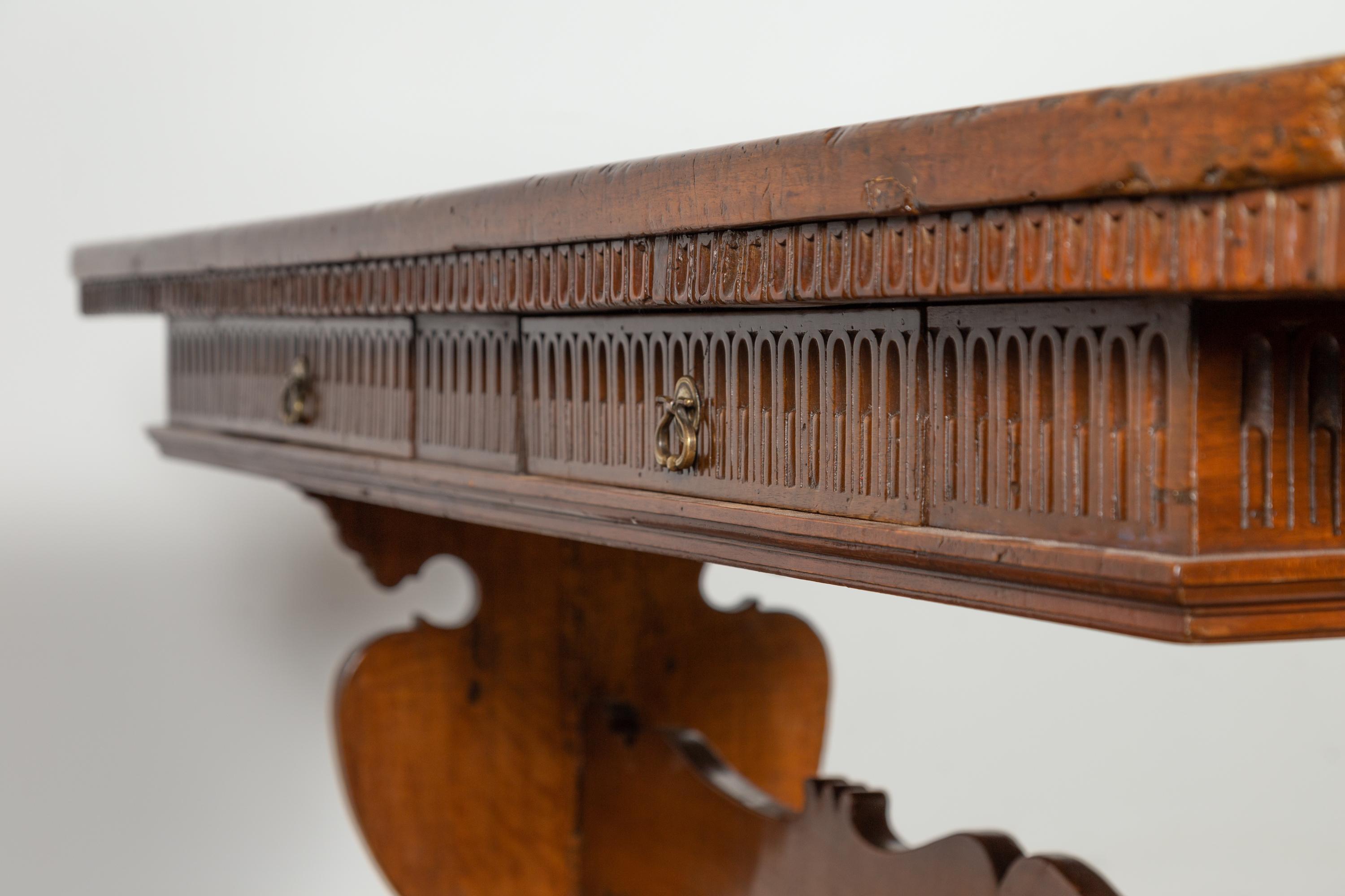 Italian 1840s Walnut Trestle Table with Two Drawers and Fluted Accents 13