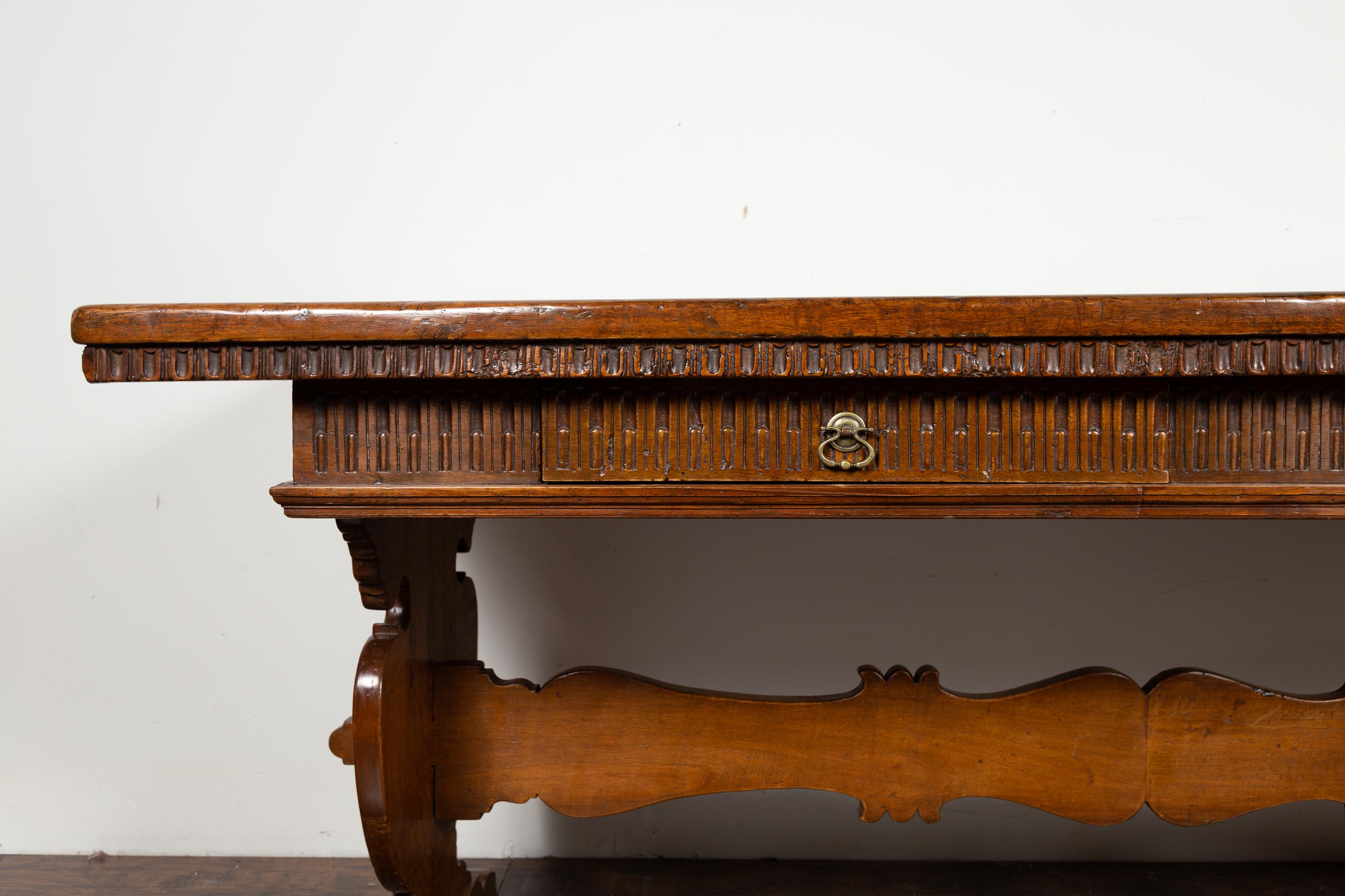 19th Century Italian 1840s Walnut Trestle Table with Two Drawers and Fluted Accents