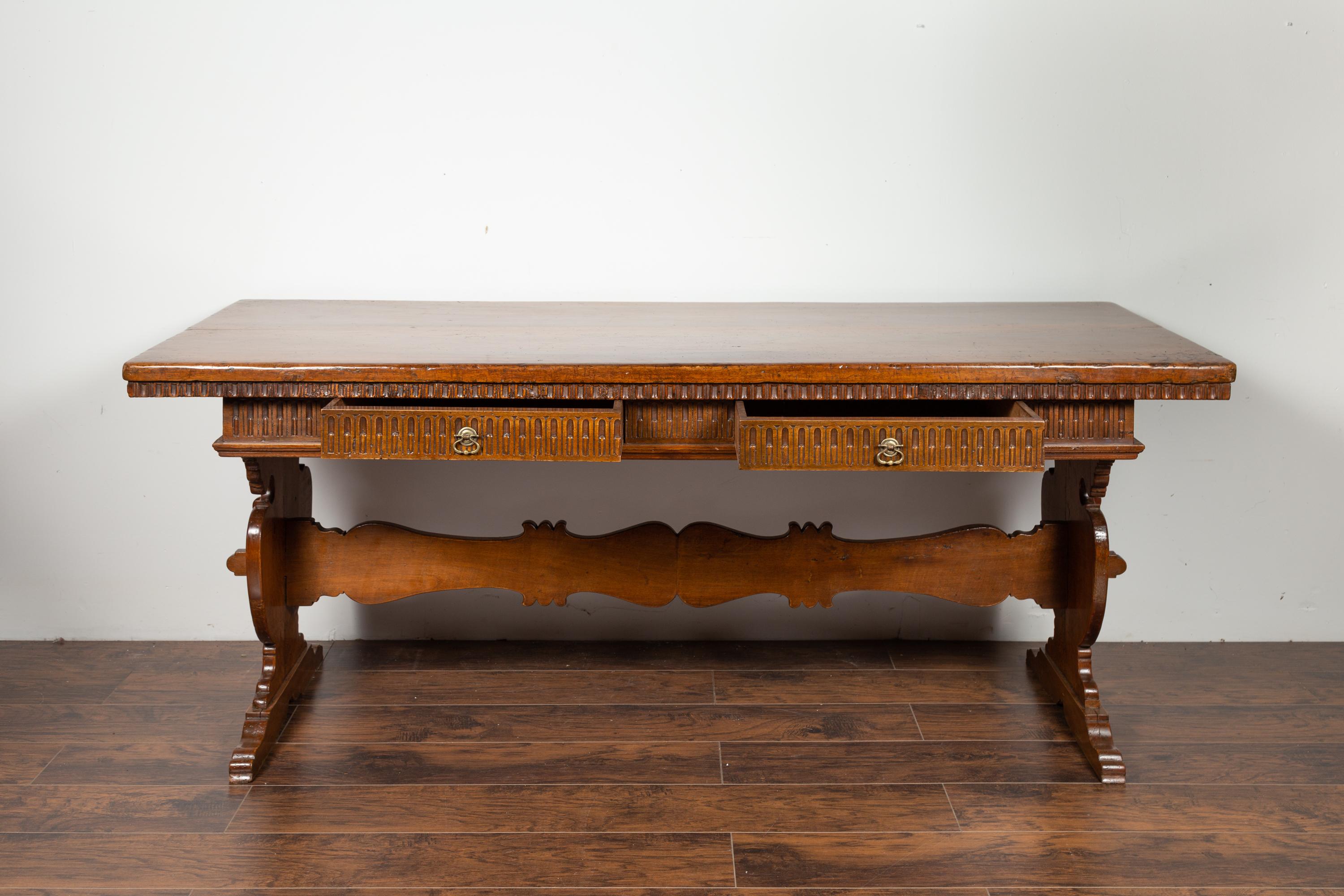 Italian 1840s Walnut Trestle Table with Two Drawers and Fluted Accents 4