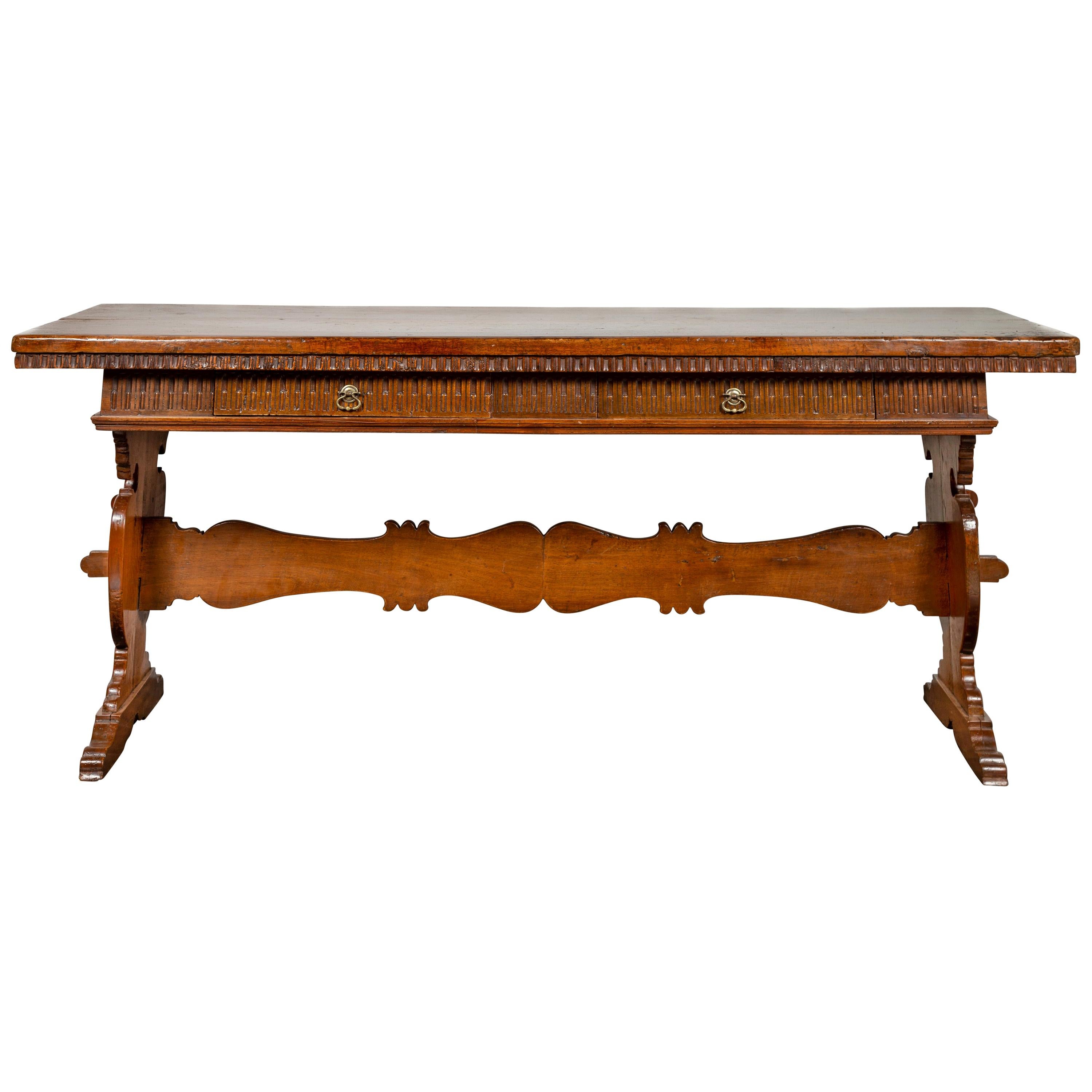 Italian 1840s Walnut Trestle Table with Two Drawers and Fluted Accents