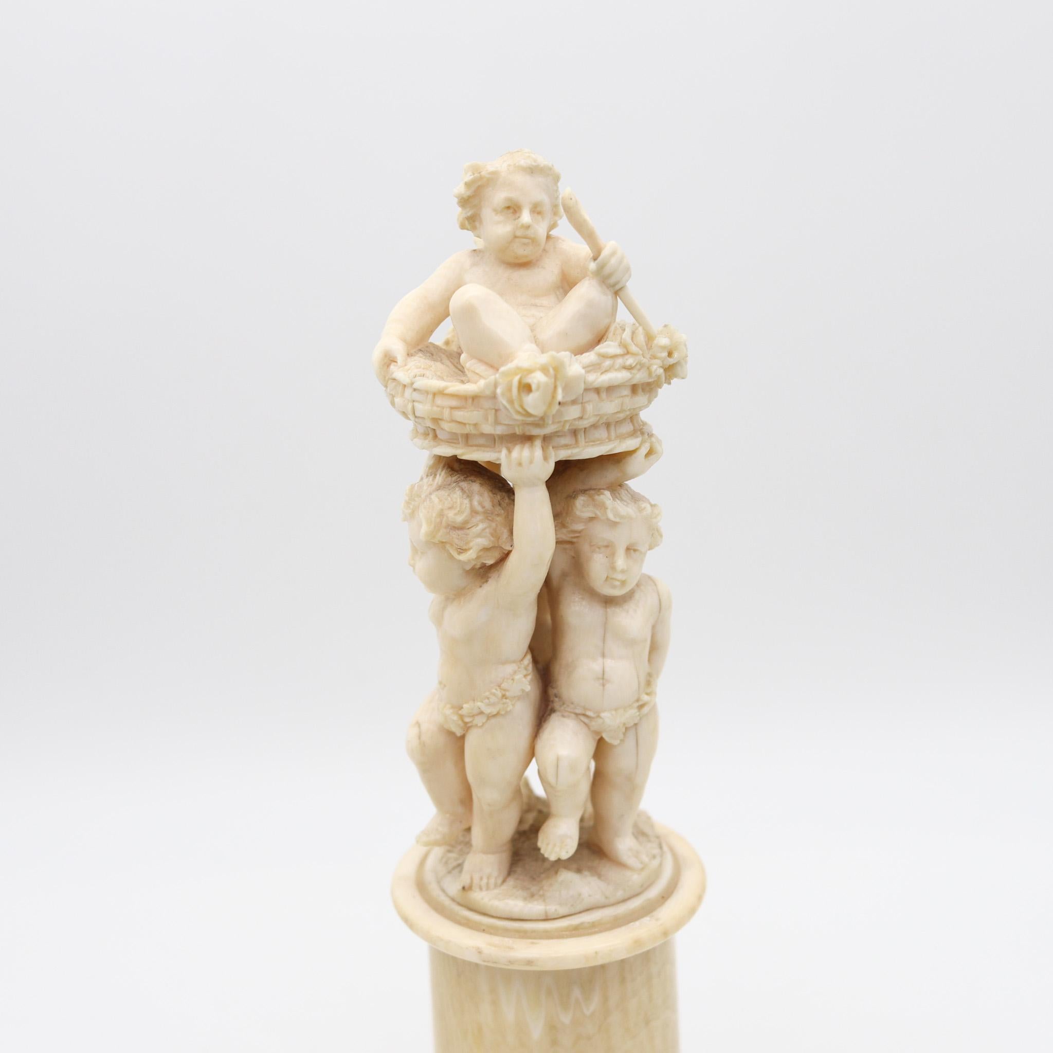 An Italian desk box with the triumph of Bacchus.

Beautiful carved antique piece, created in Italy during the 19th century, circa 1850. This is a desk box been made in the shape of a trophy, depicting the triumph of Bacchus. The rare cylindrical box