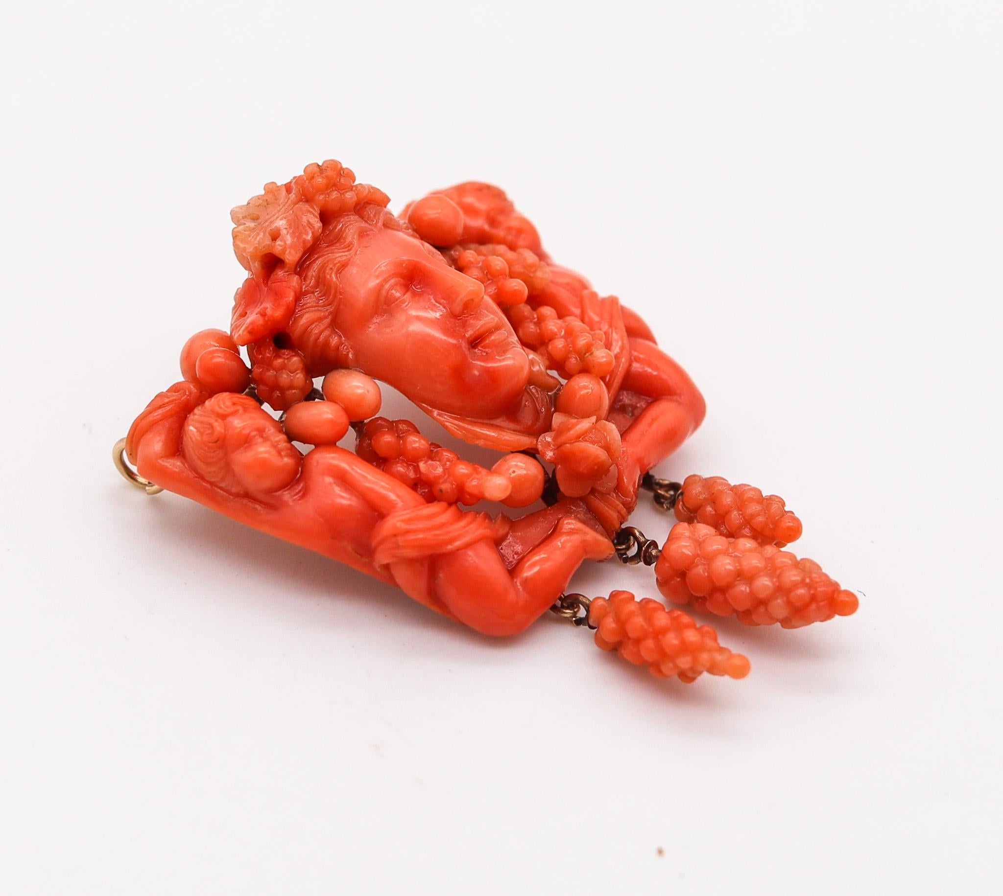 Mixed Cut Italian 1850 Renaissance Revival Pendant Carved In Coral  Mount In 14Kt Gold For Sale