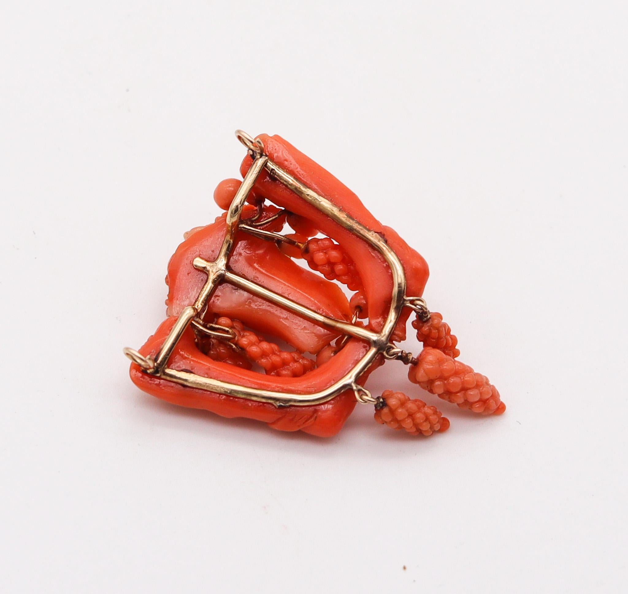 Italian 1850 Renaissance Revival Pendant Carved In Coral  Mount In 14Kt Gold In Excellent Condition For Sale In Miami, FL