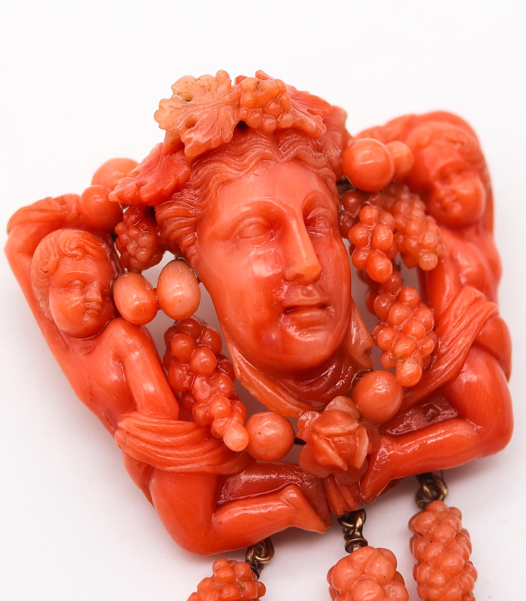 Women's Italian 1850 Renaissance Revival Pendant Carved In Coral  Mount In 14Kt Gold For Sale