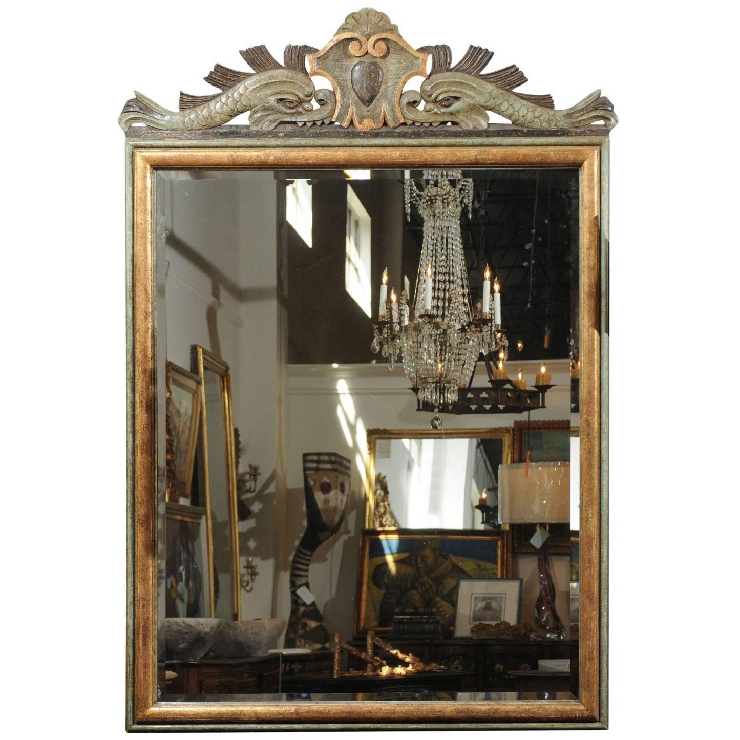 Italian 1850s Baroque Style Painted Mirror, Hand-Carved with Stylized Dolphins For Sale