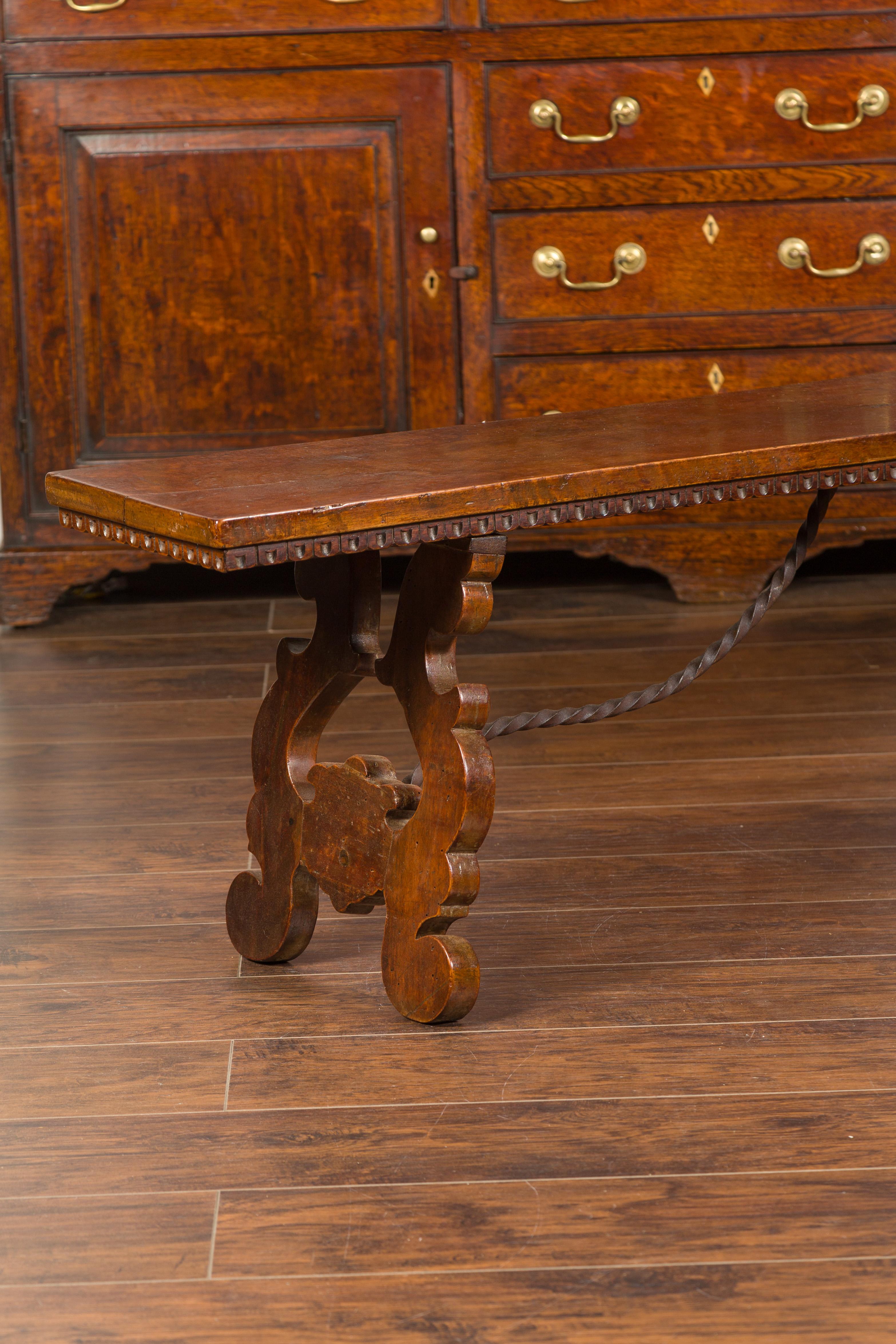 Italian 1850s Baroque Style Walnut Bench with Iron Stretcher and Lyre Legs 6