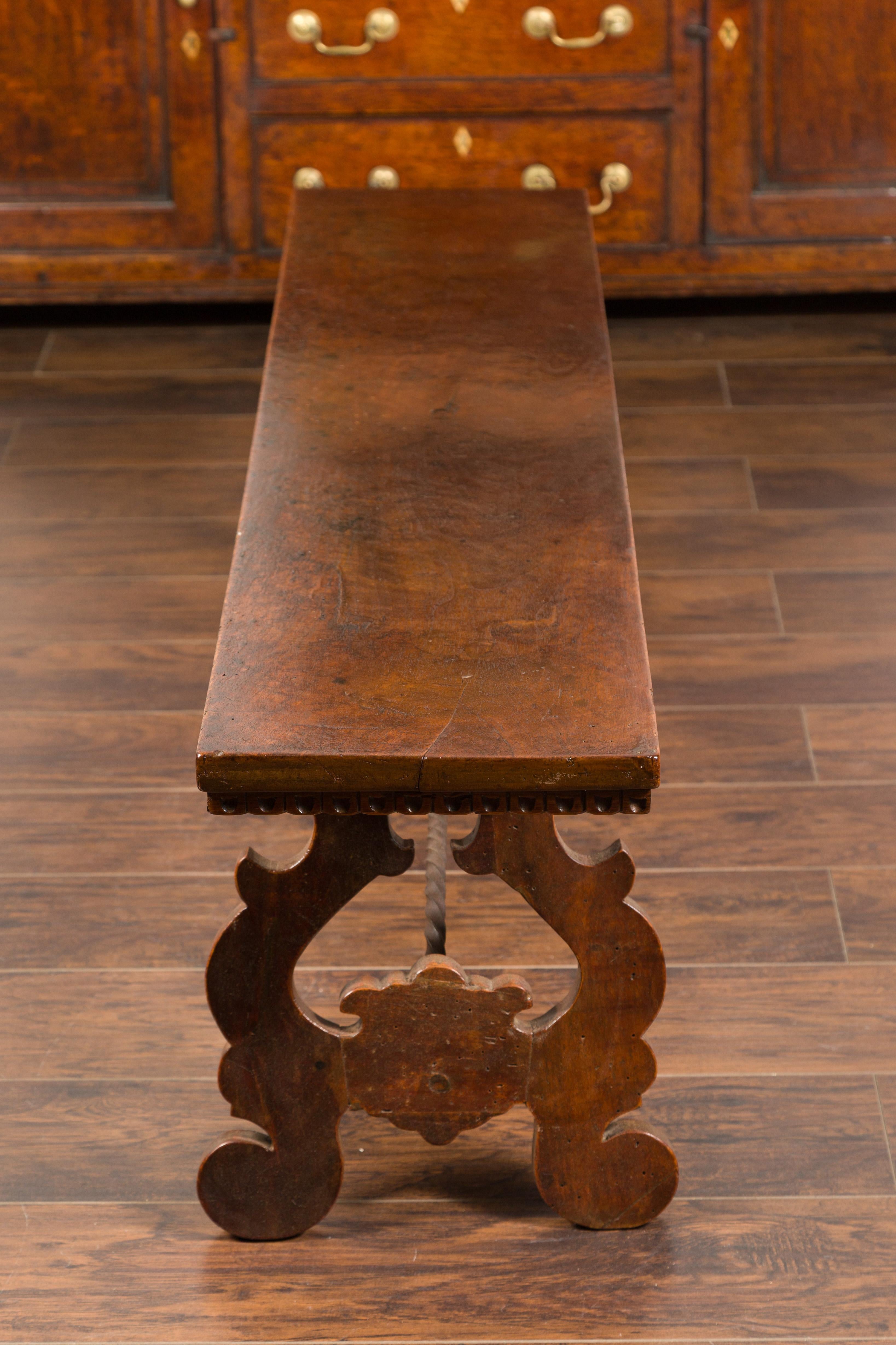 Italian 1850s Baroque Style Walnut Bench with Iron Stretcher and Lyre Legs 7