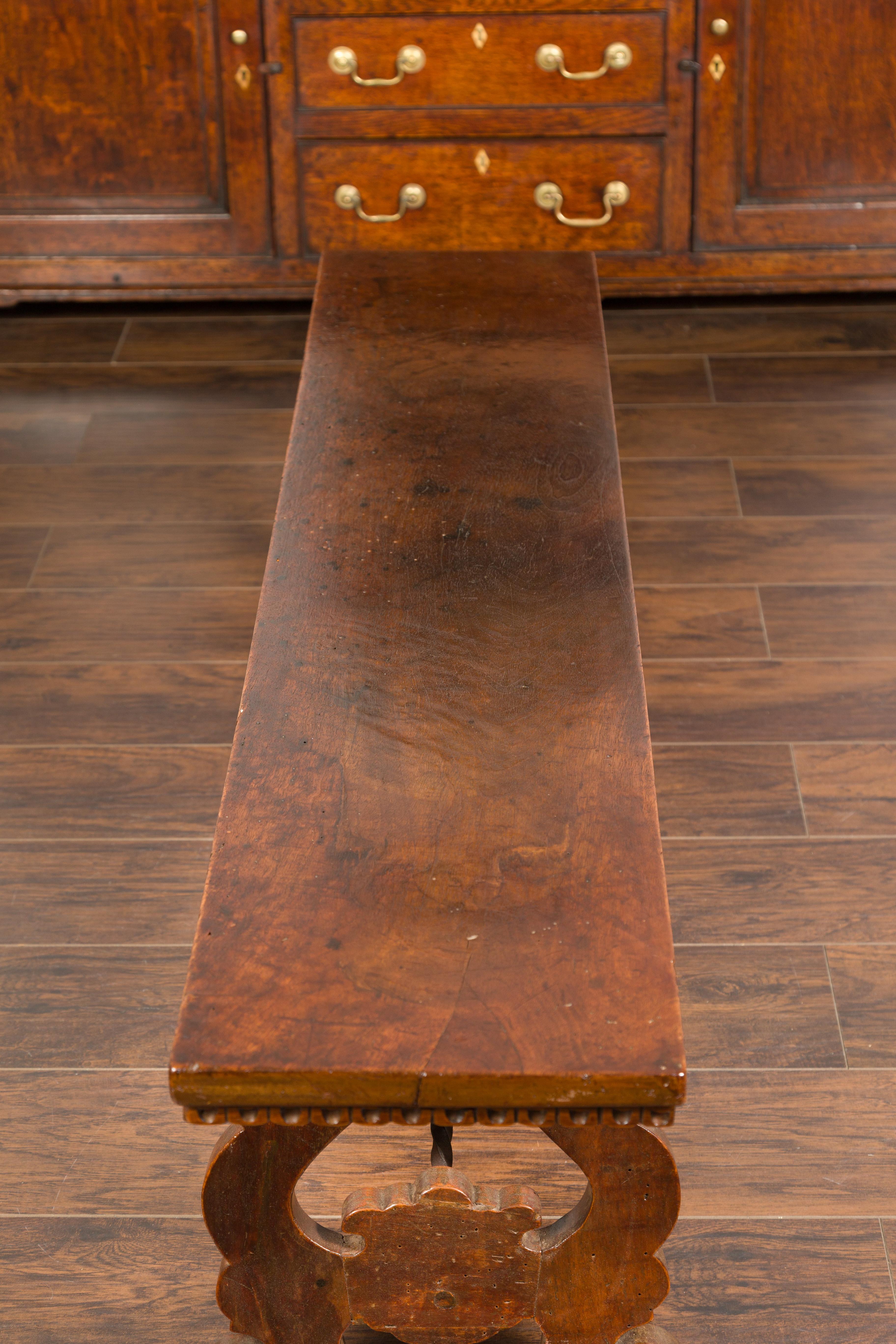 Italian 1850s Baroque Style Walnut Bench with Iron Stretcher and Lyre Legs 9