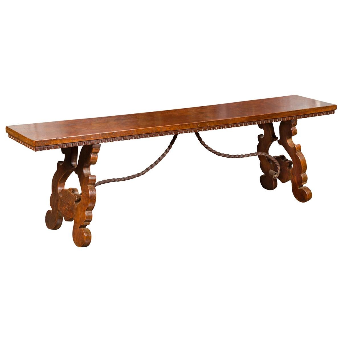 Italian 1850s Baroque Style Walnut Bench with Iron Stretcher and Lyre Legs