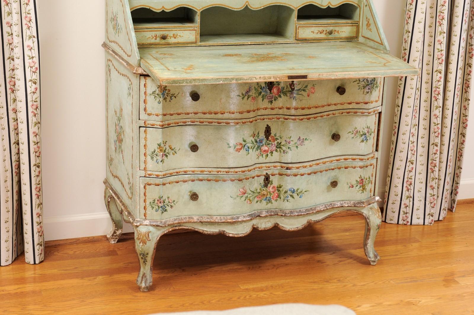 Italian 1850s Rococo Style Tall Secretary with Slanted Desk and Original Paint For Sale 1