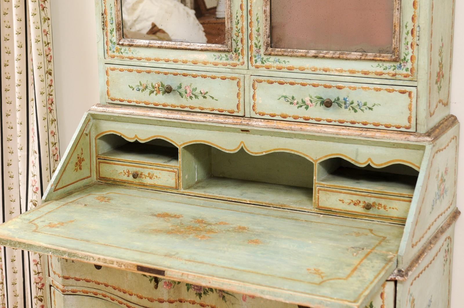Italian 1850s Rococo Style Tall Secretary with Slanted Desk and Original Paint For Sale 3