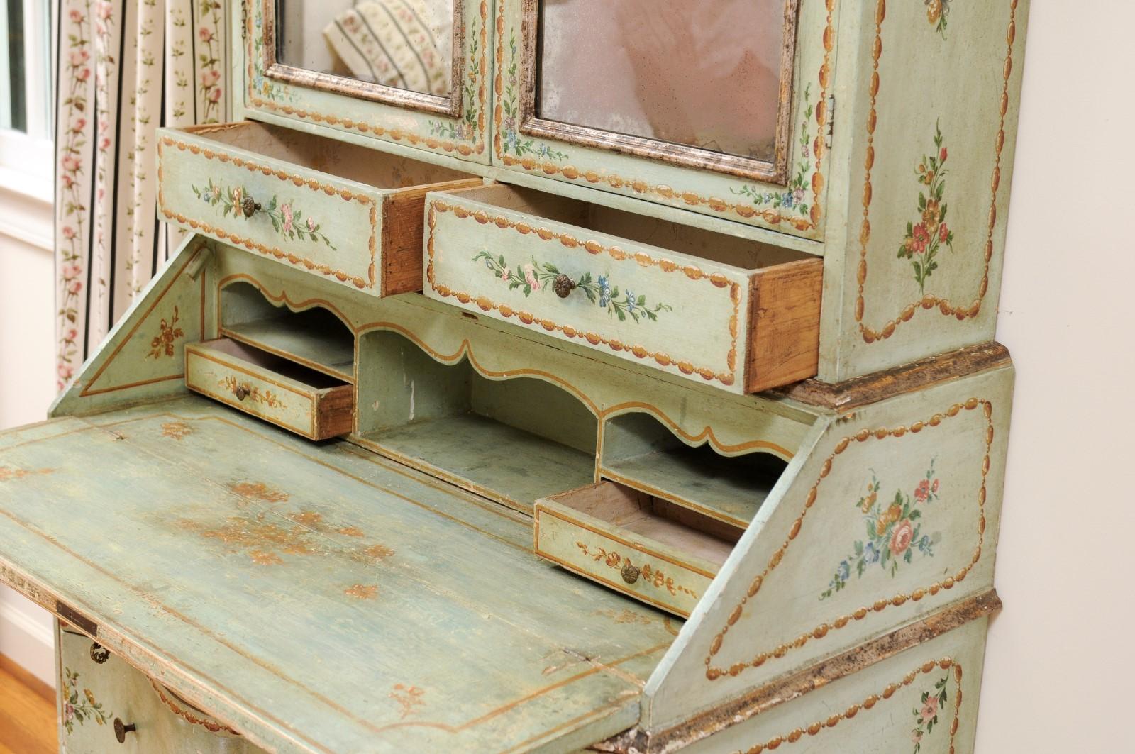Italian 1850s Rococo Style Tall Secretary with Slanted Desk and Original Paint For Sale 4