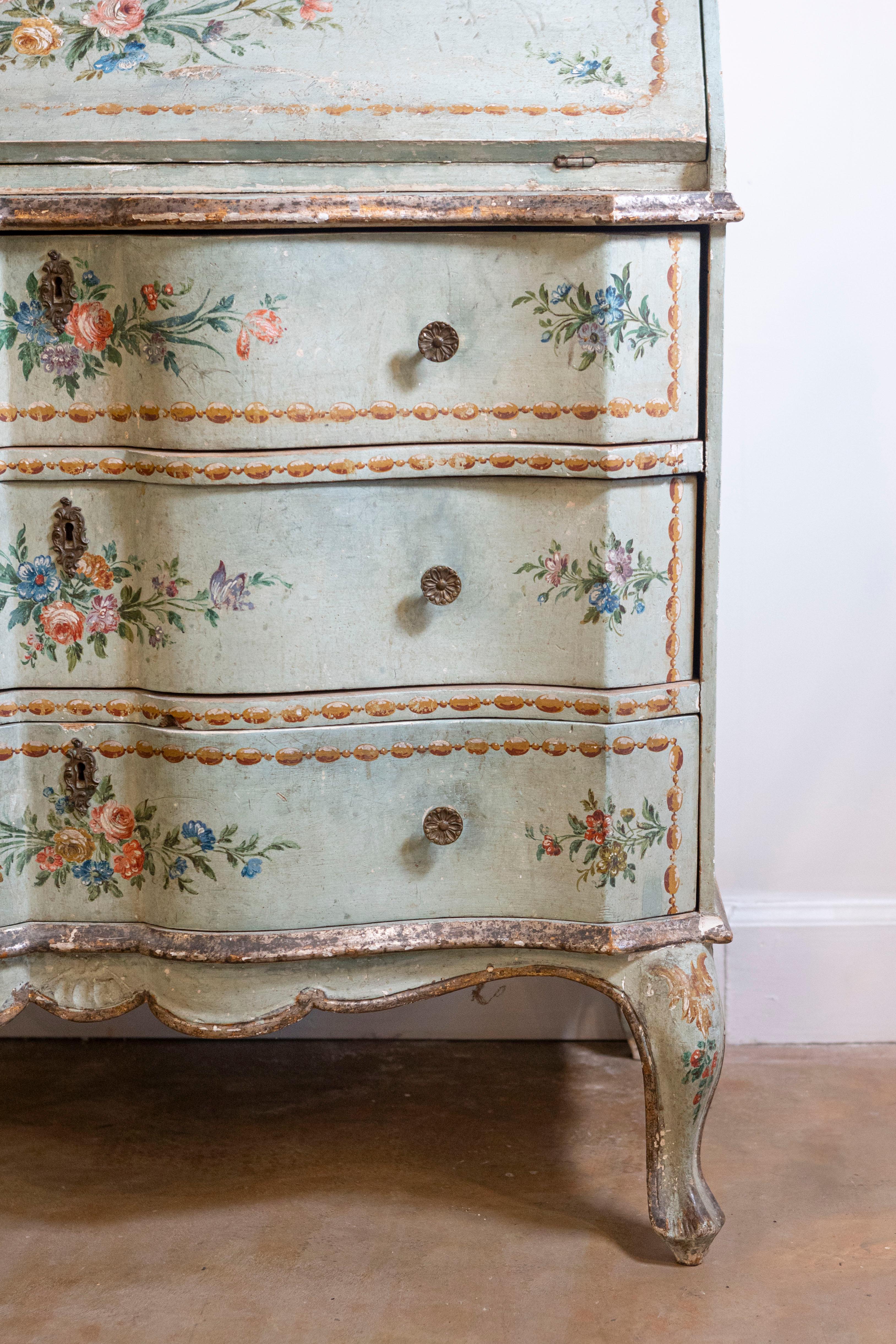 Italian 1850s Rococo Style Tall Secretary with Slanted Desk and Original Paint 6