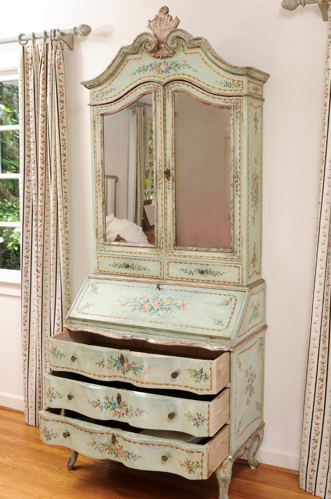 Italian 1850s Rococo Style Tall Secretary with Slanted Desk and Original Paint For Sale 5