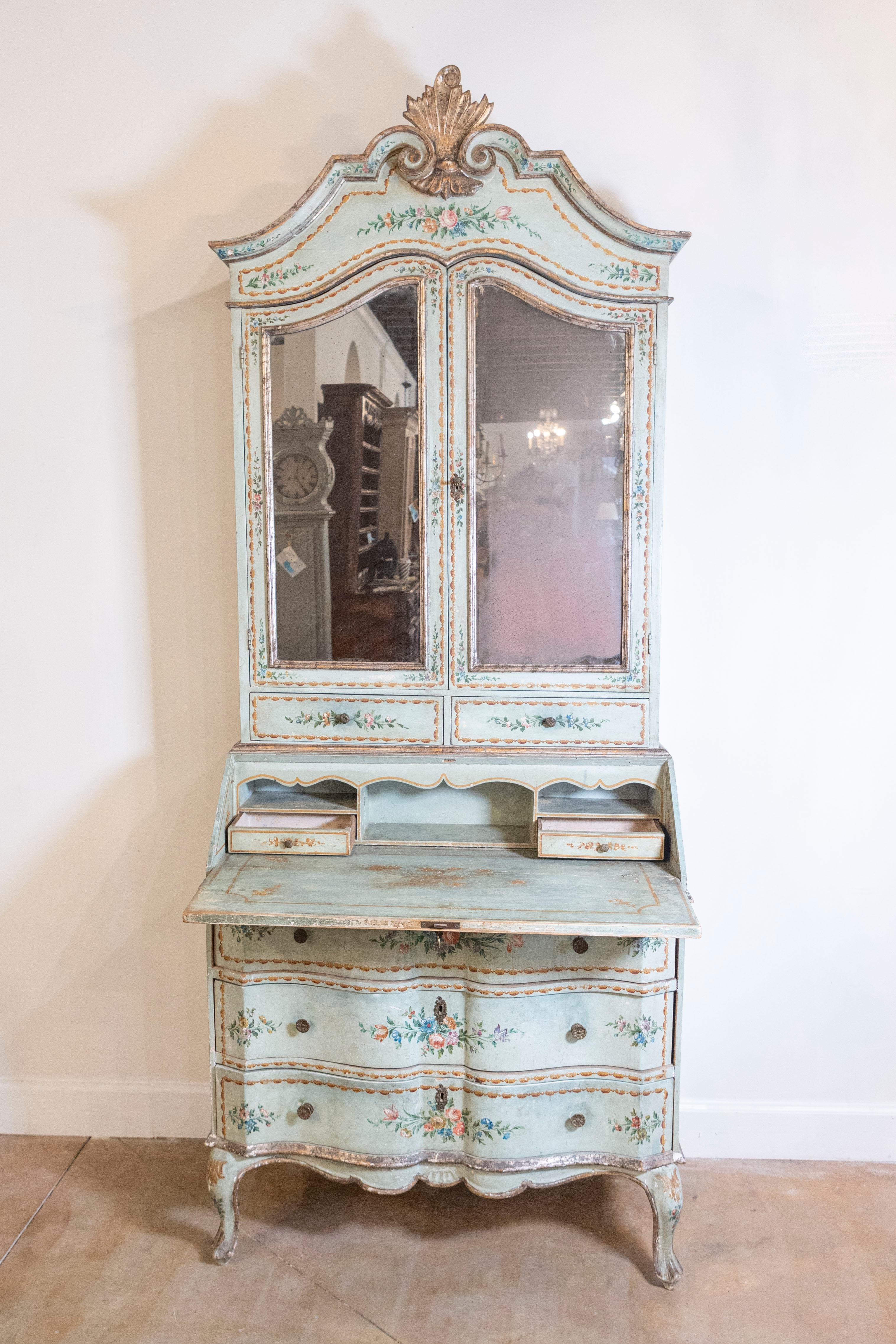 Italian 1850s Rococo Style Tall Secretary with Slanted Desk and Original Paint In Good Condition In Atlanta, GA