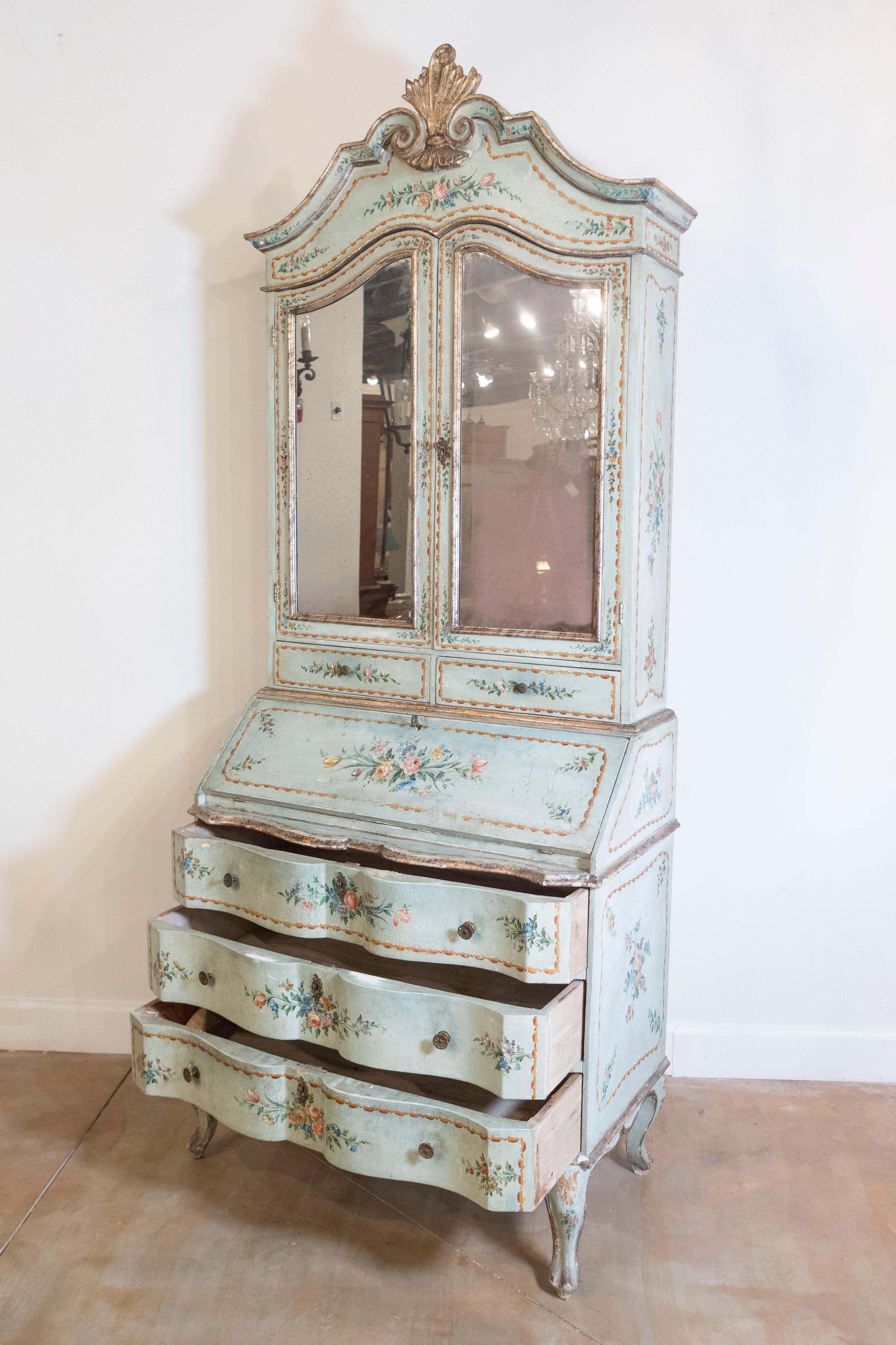 19th Century Italian 1850s Rococo Style Tall Secretary with Slanted Desk and Original Paint