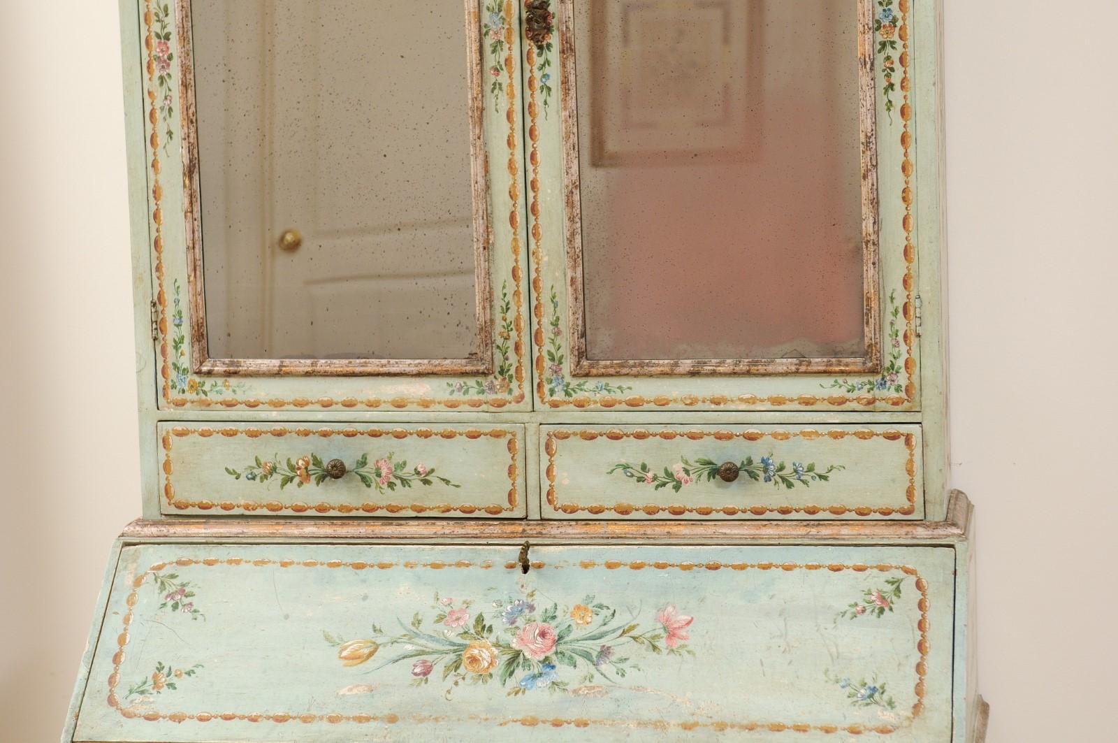 Italian 1850s Rococo Style Tall Secretary with Slanted Desk and Original Paint In Good Condition For Sale In Atlanta, GA