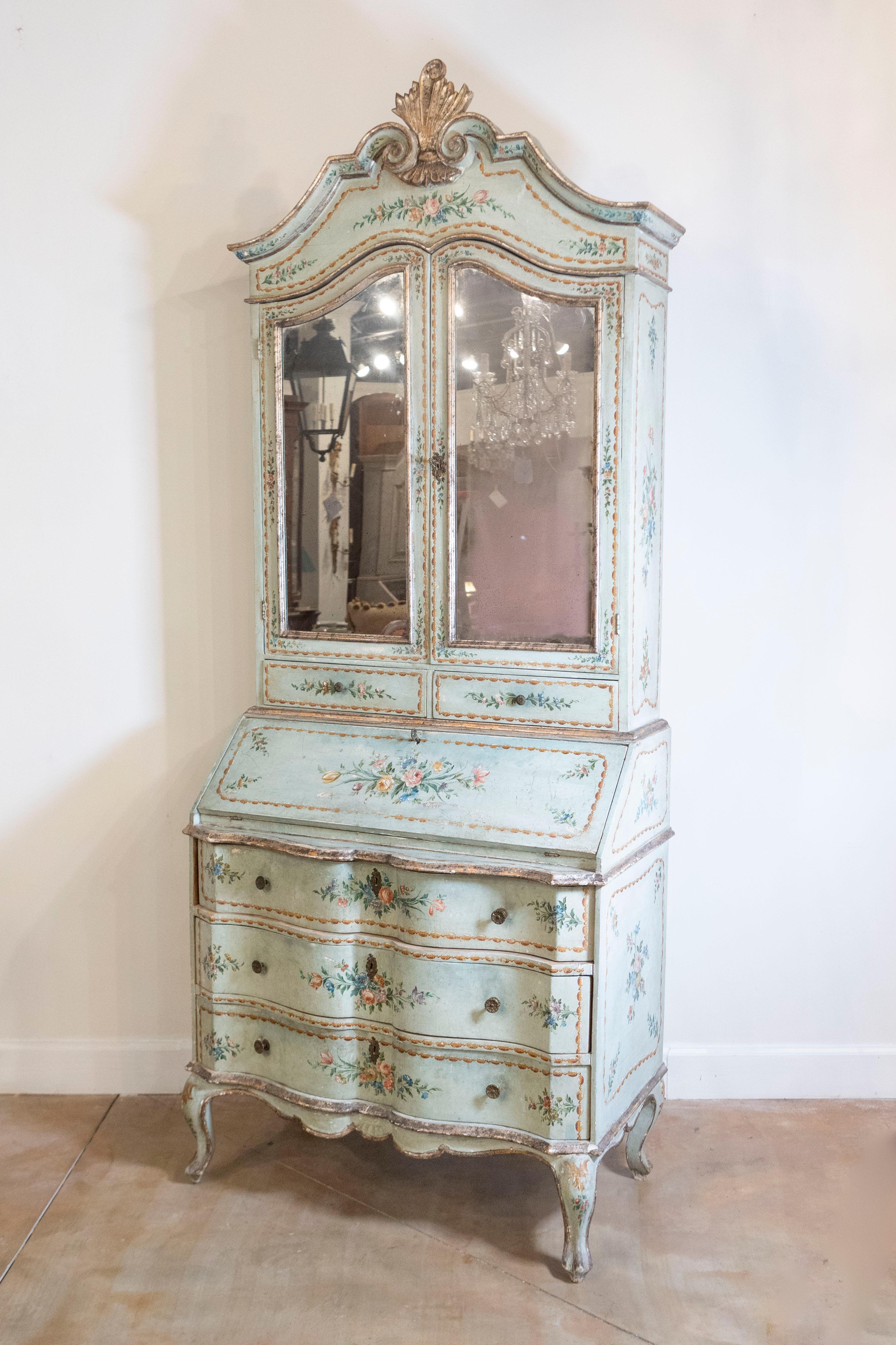 Glass Italian 1850s Rococo Style Tall Secretary with Slanted Desk and Original Paint
