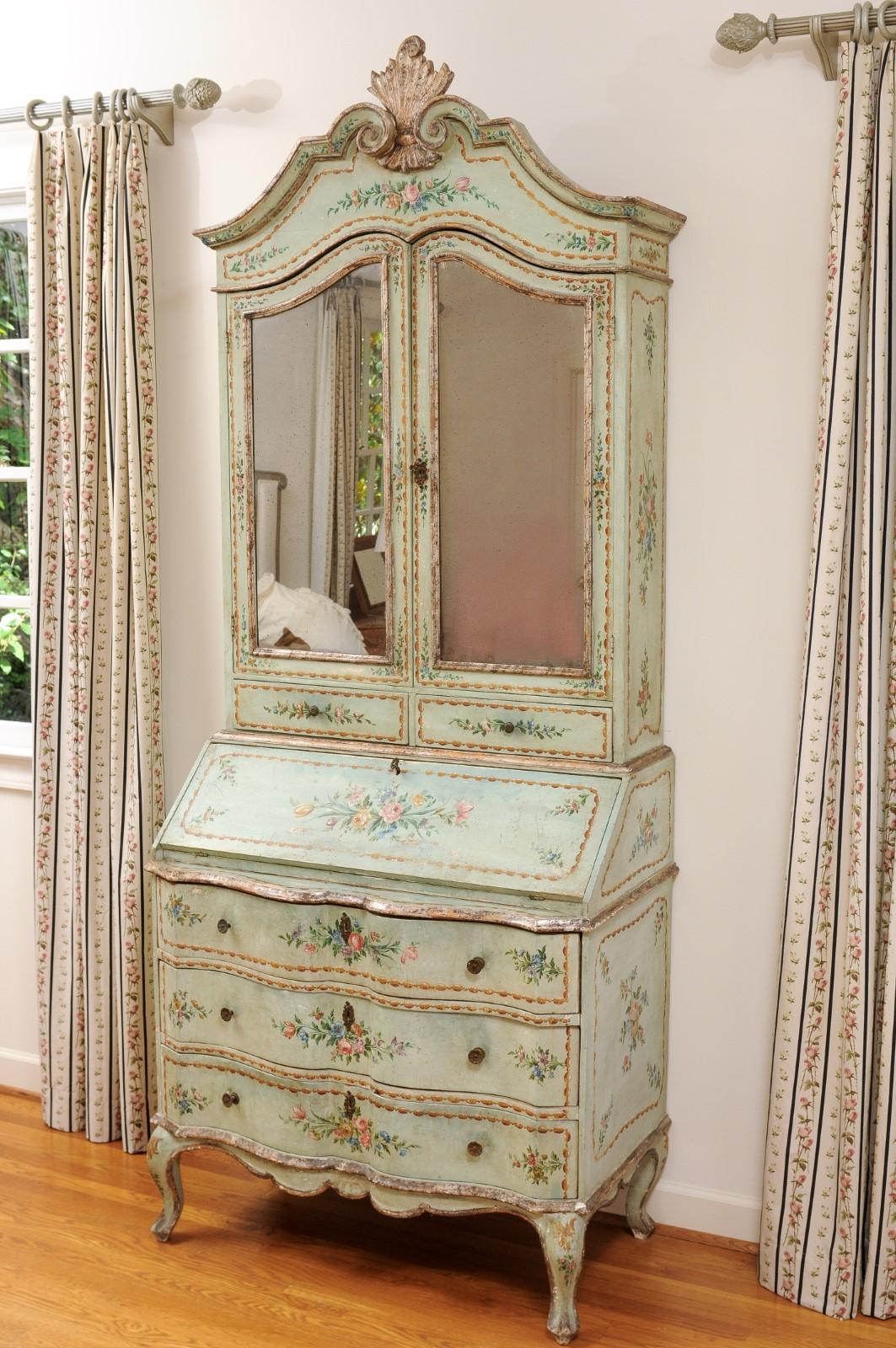 Italian 1850s Rococo Style Tall Secretary with Slanted Desk and Original Paint In Good Condition For Sale In Atlanta, GA