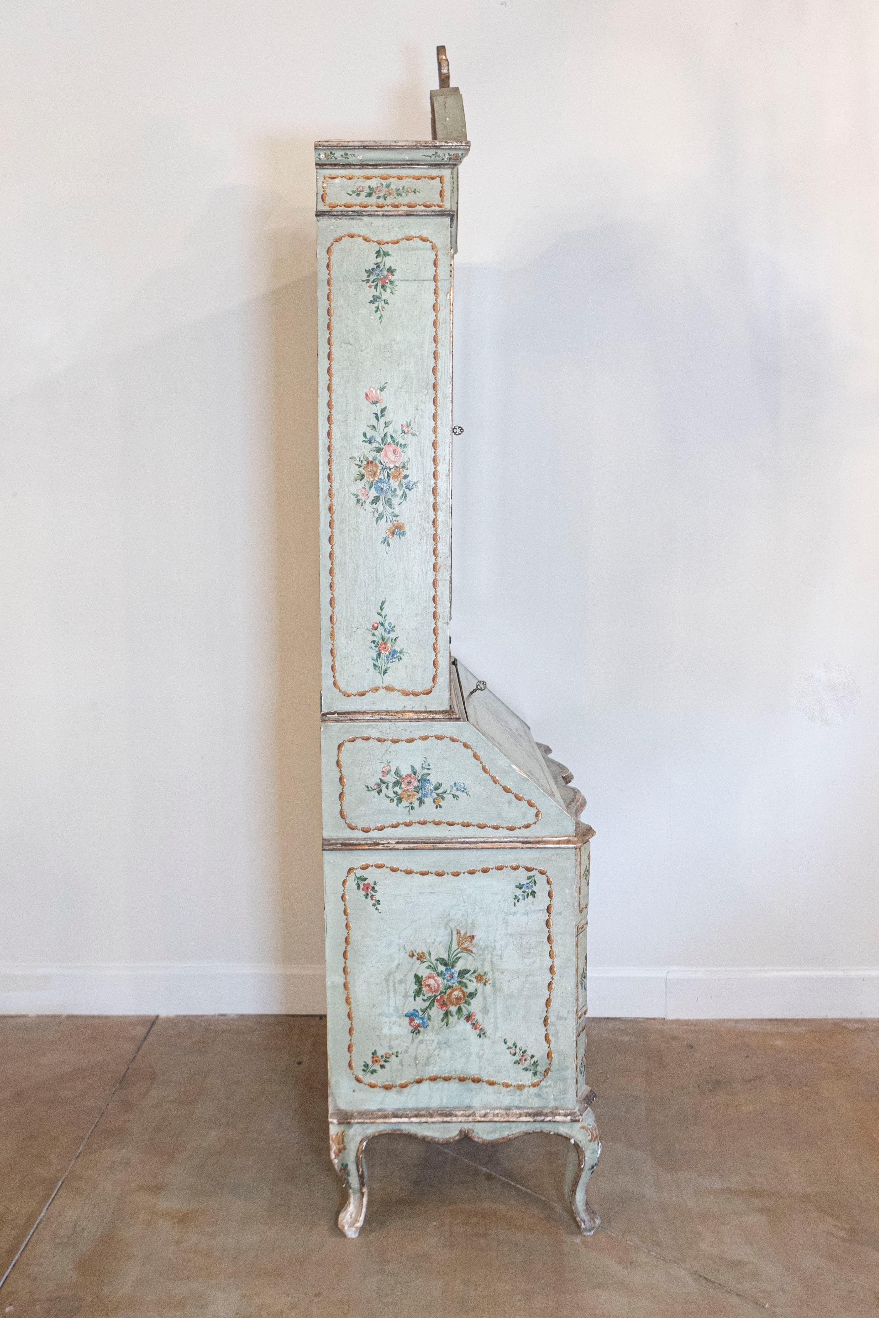 Italian 1850s Rococo Style Tall Secretary with Slanted Desk and Original Paint 1