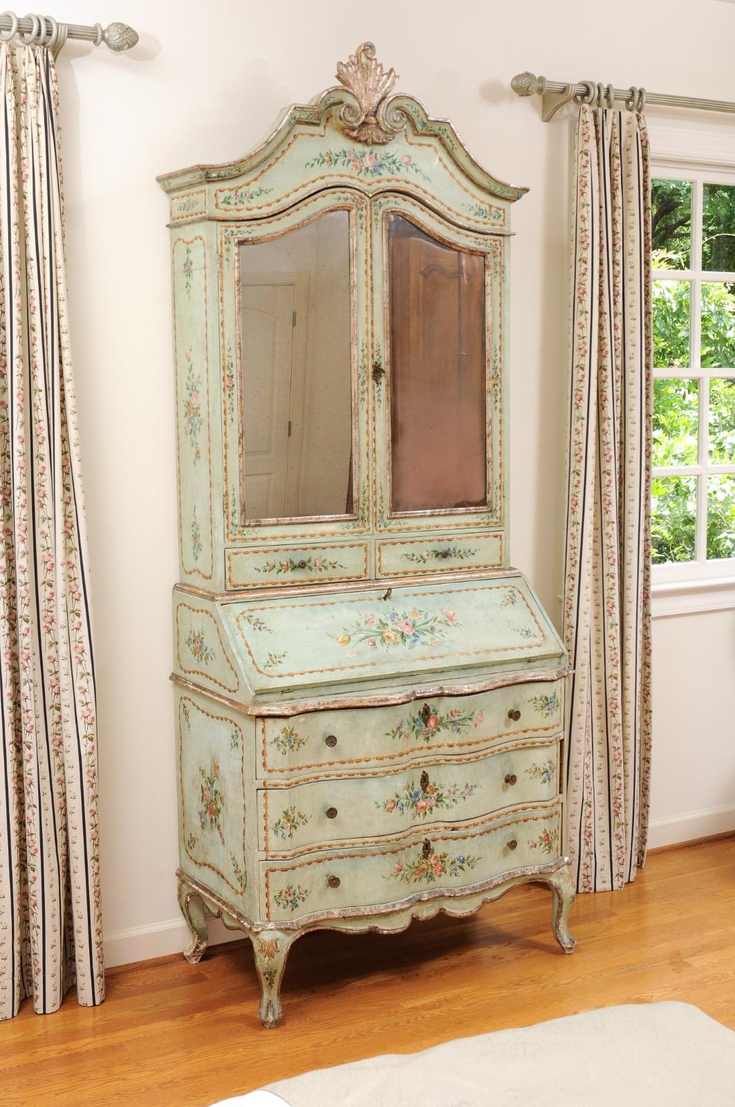 19th Century Italian 1850s Rococo Style Tall Secretary with Slanted Desk and Original Paint For Sale