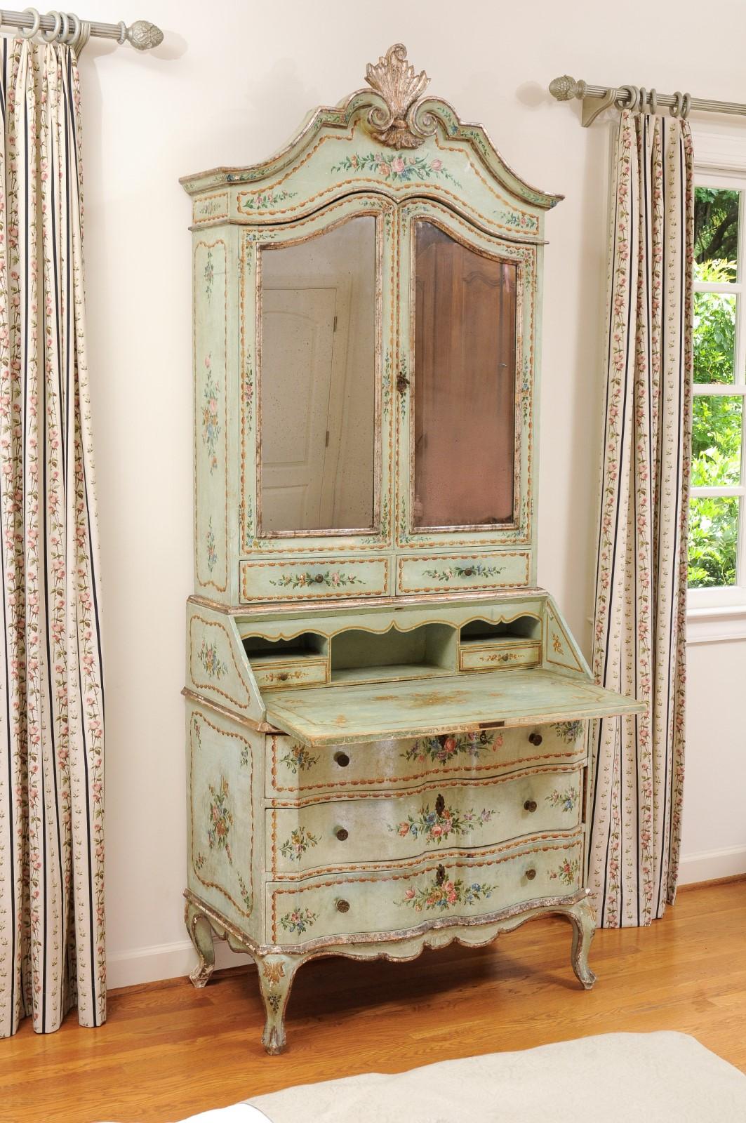 Glass Italian 1850s Rococo Style Tall Secretary with Slanted Desk and Original Paint For Sale