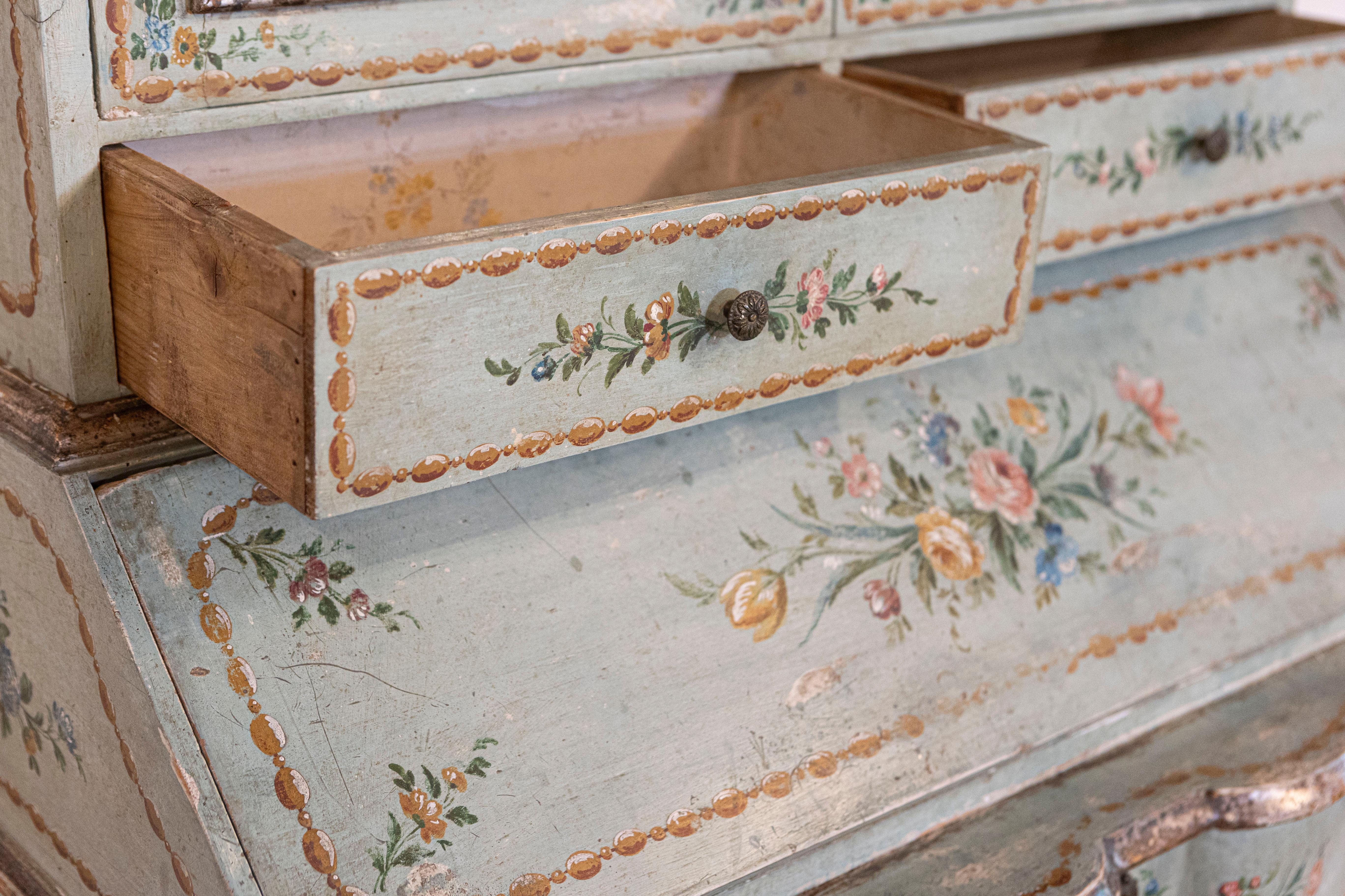 Italian 1850s Rococo Style Tall Secretary with Slanted Desk and Original Paint 3