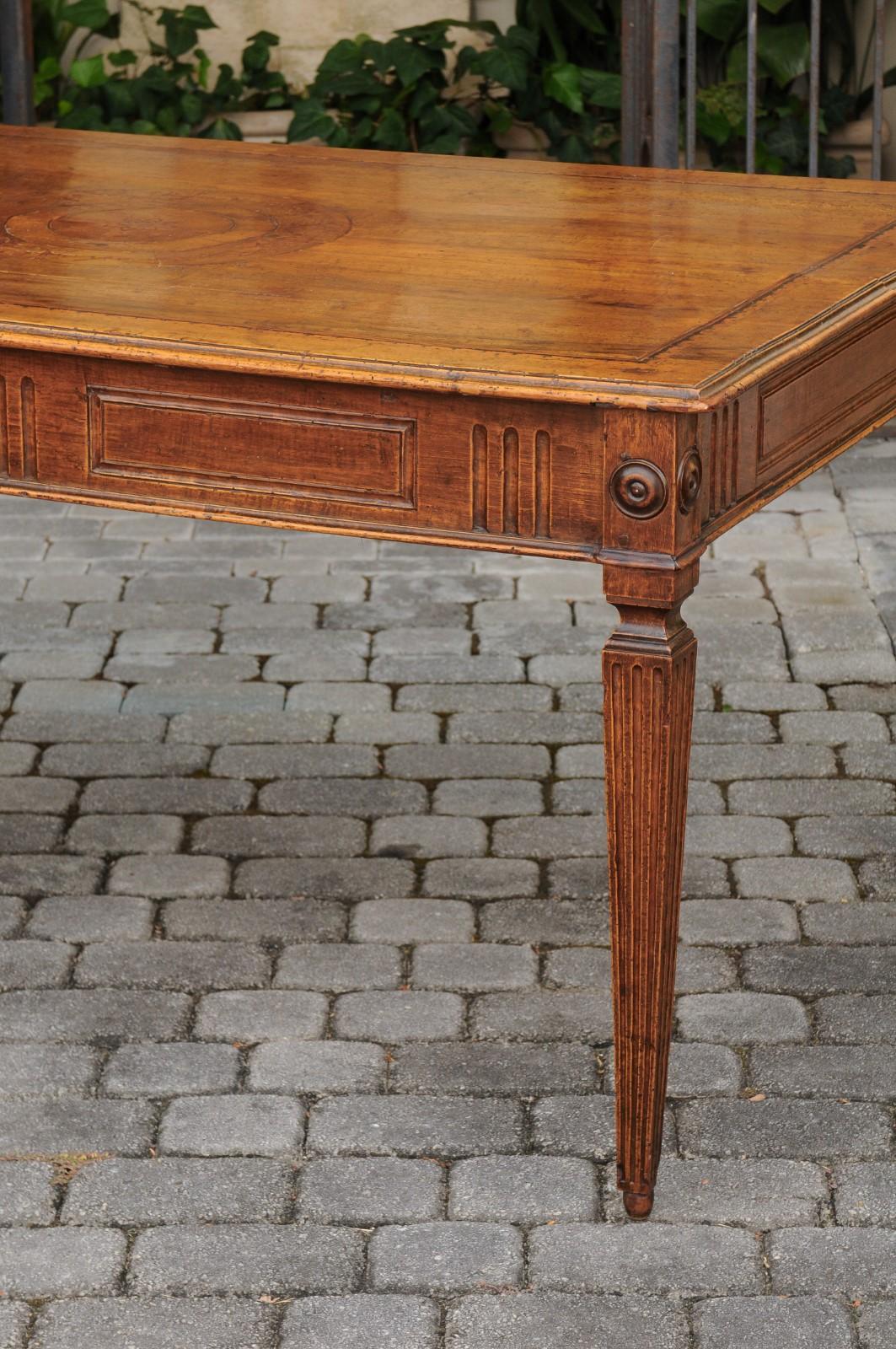 Inlay Italian 1850s Walnut Desk with Inlaid Top, Fluted Accents and Tapered Legs