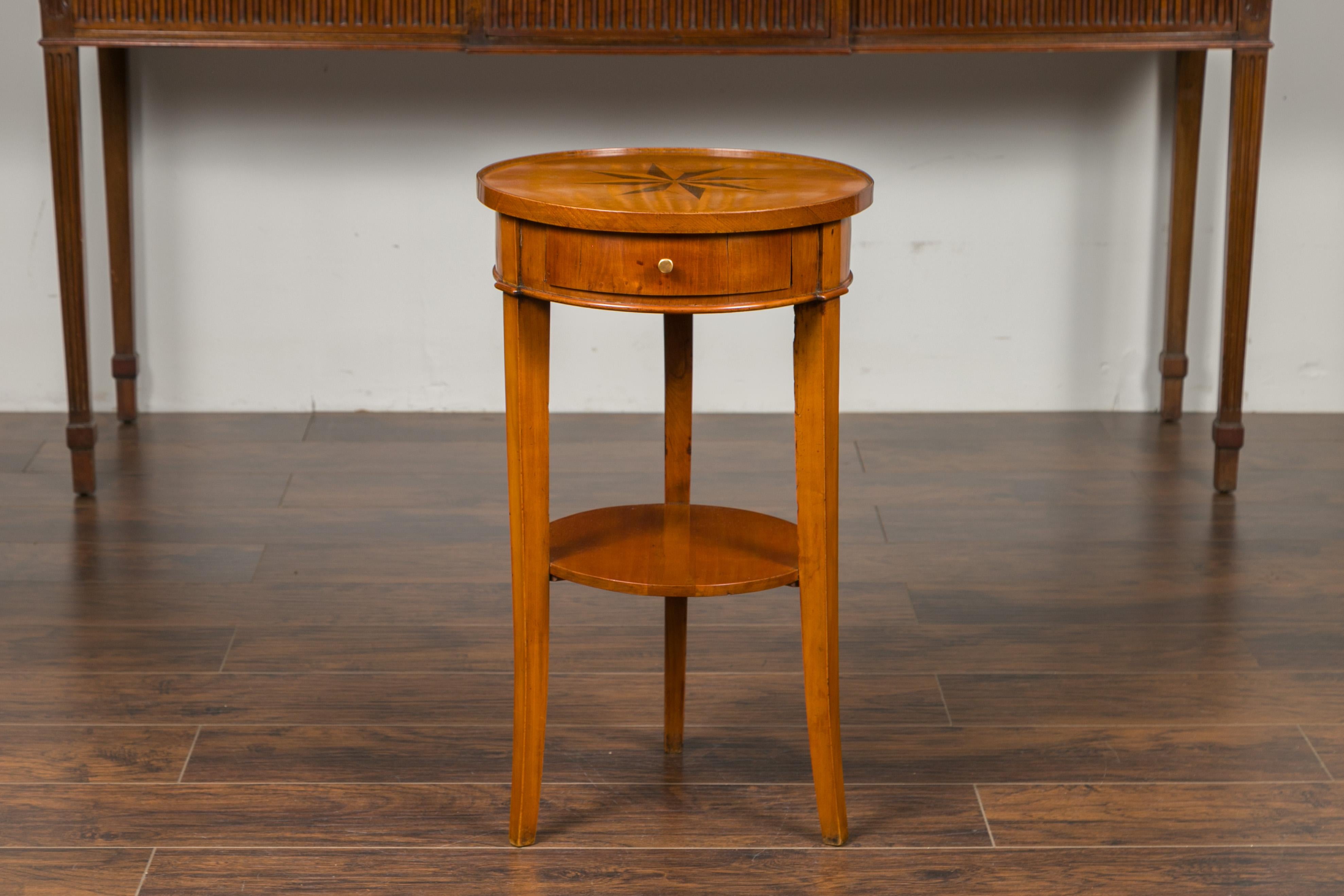 Inlay Italian 1850s Walnut Guéridon Table with Star Marquetry and Single Drawer For Sale