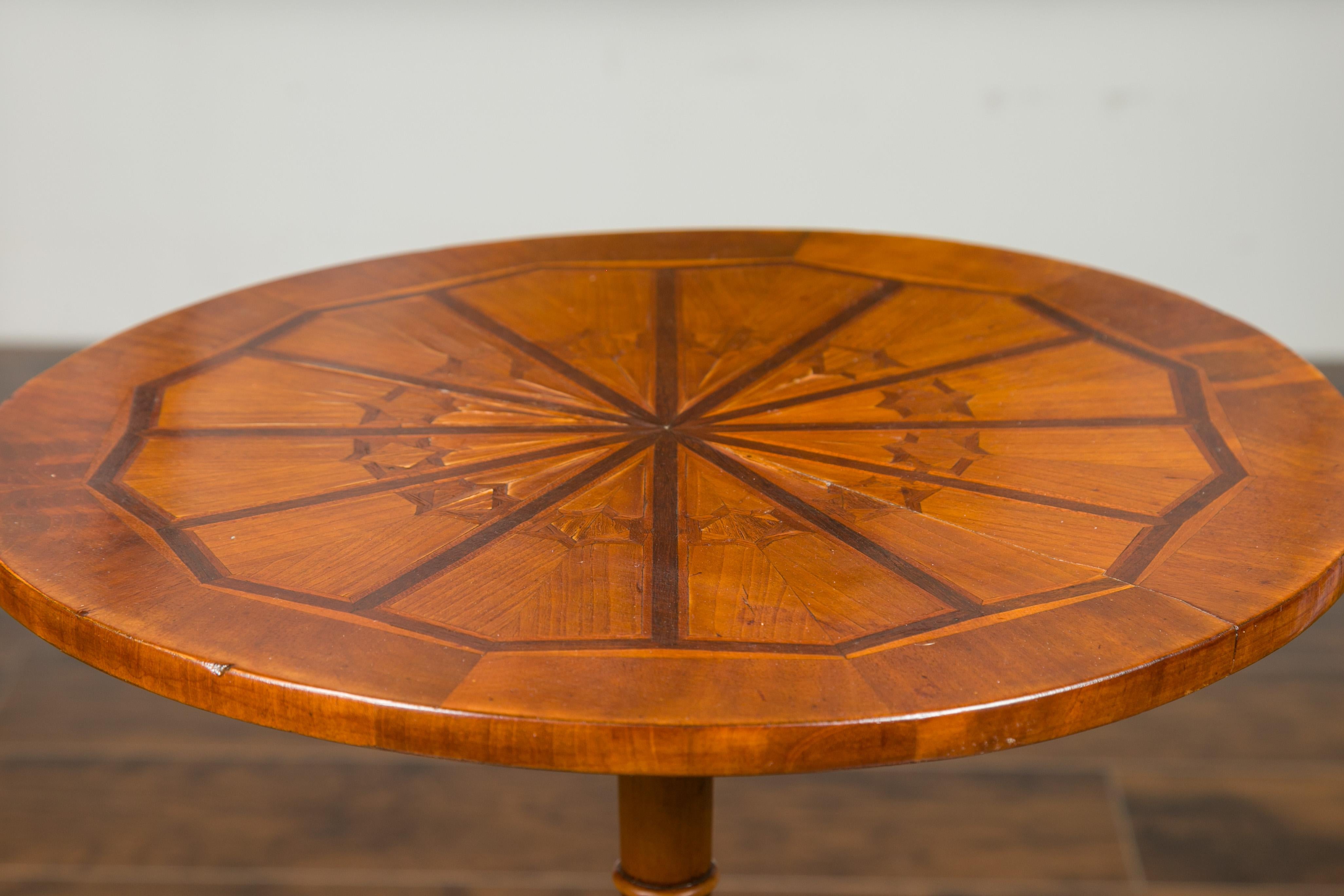 Italian 1850s Walnut Guéridon Table with Star Marquetry and Tripod Pedestal Base 2