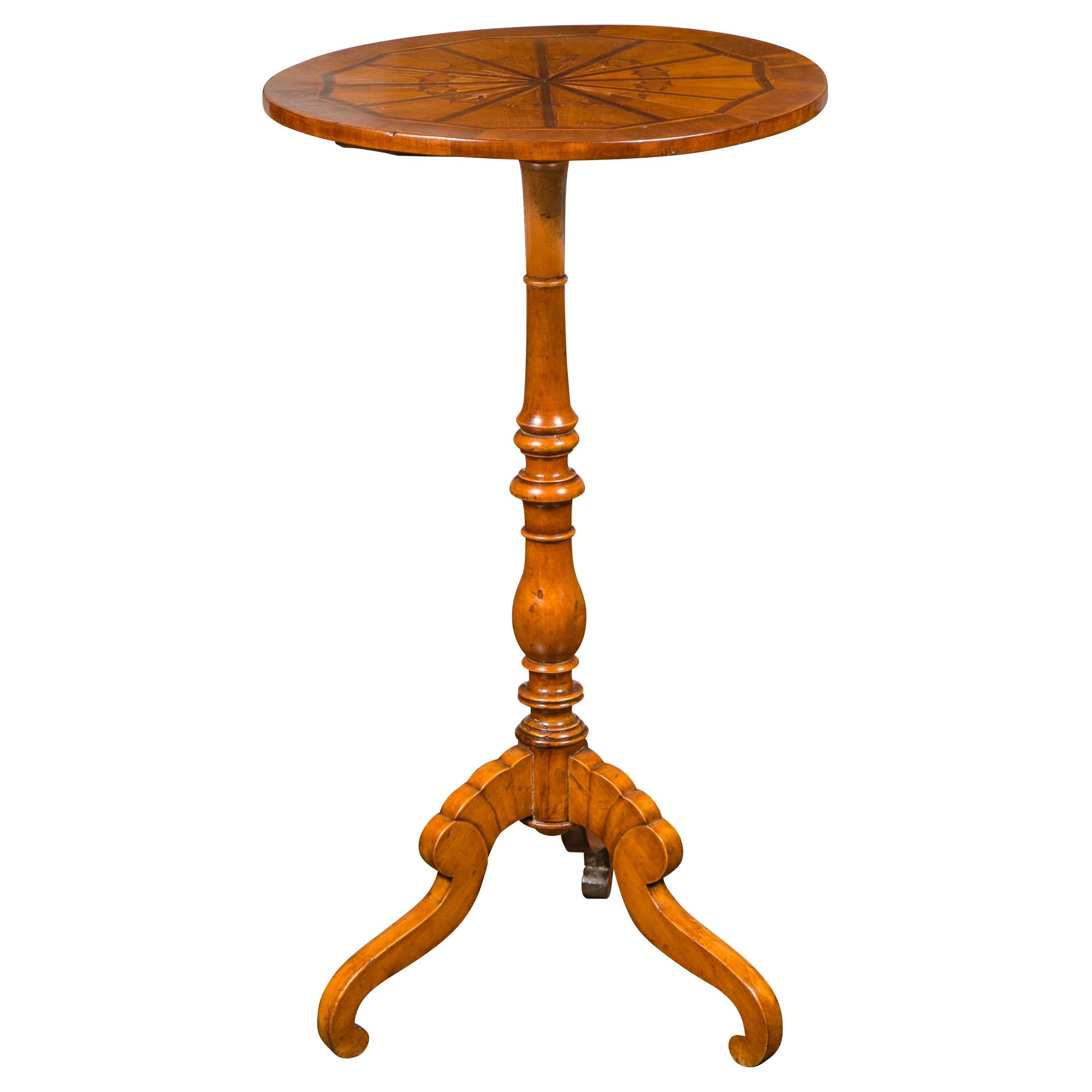 Italian 1850s Walnut Guéridon Table with Star Marquetry and Tripod Pedestal Base