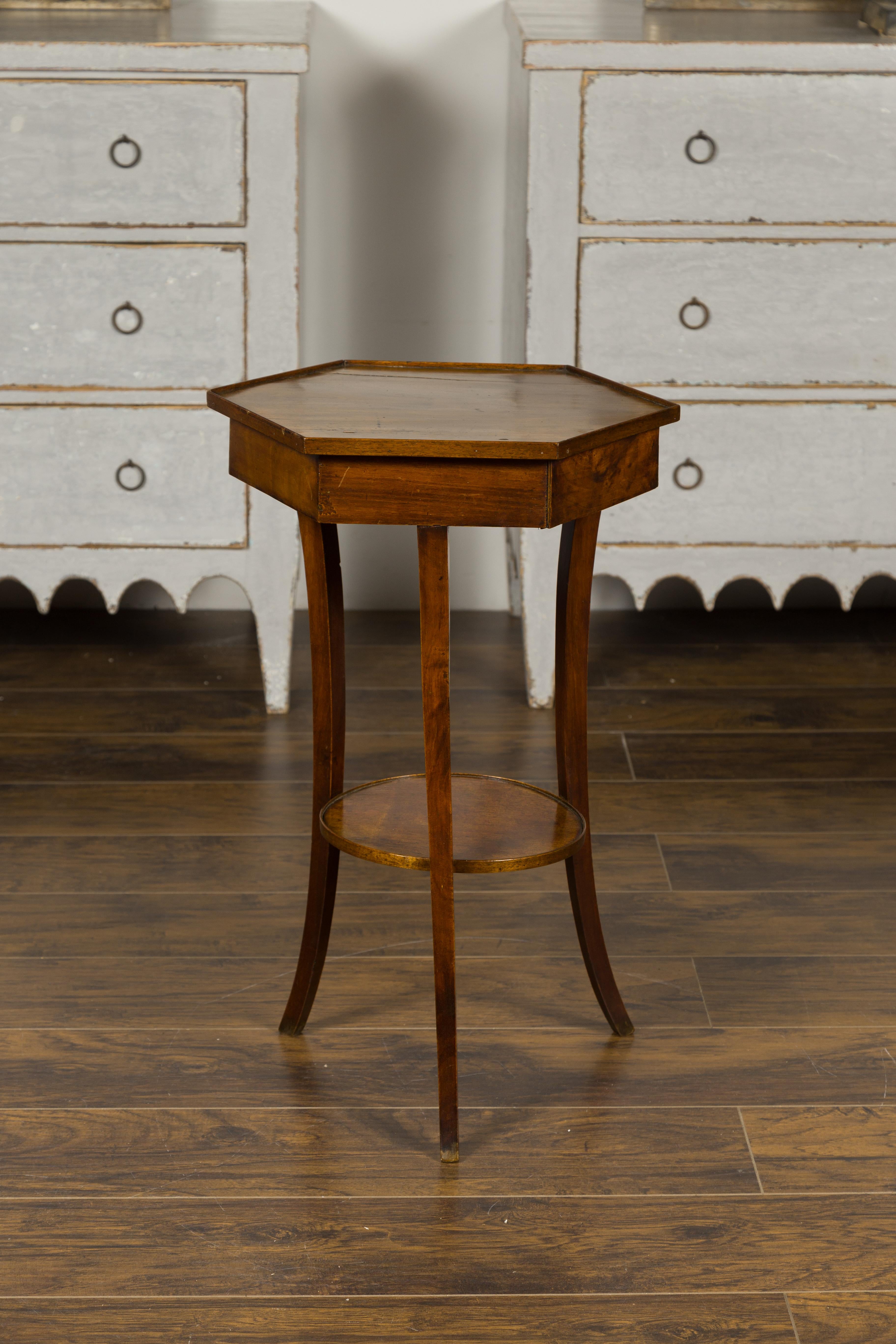 Italian 1850s Walnut Side Table with Hexagonal Top, Single Drawer and Low Shelf 7