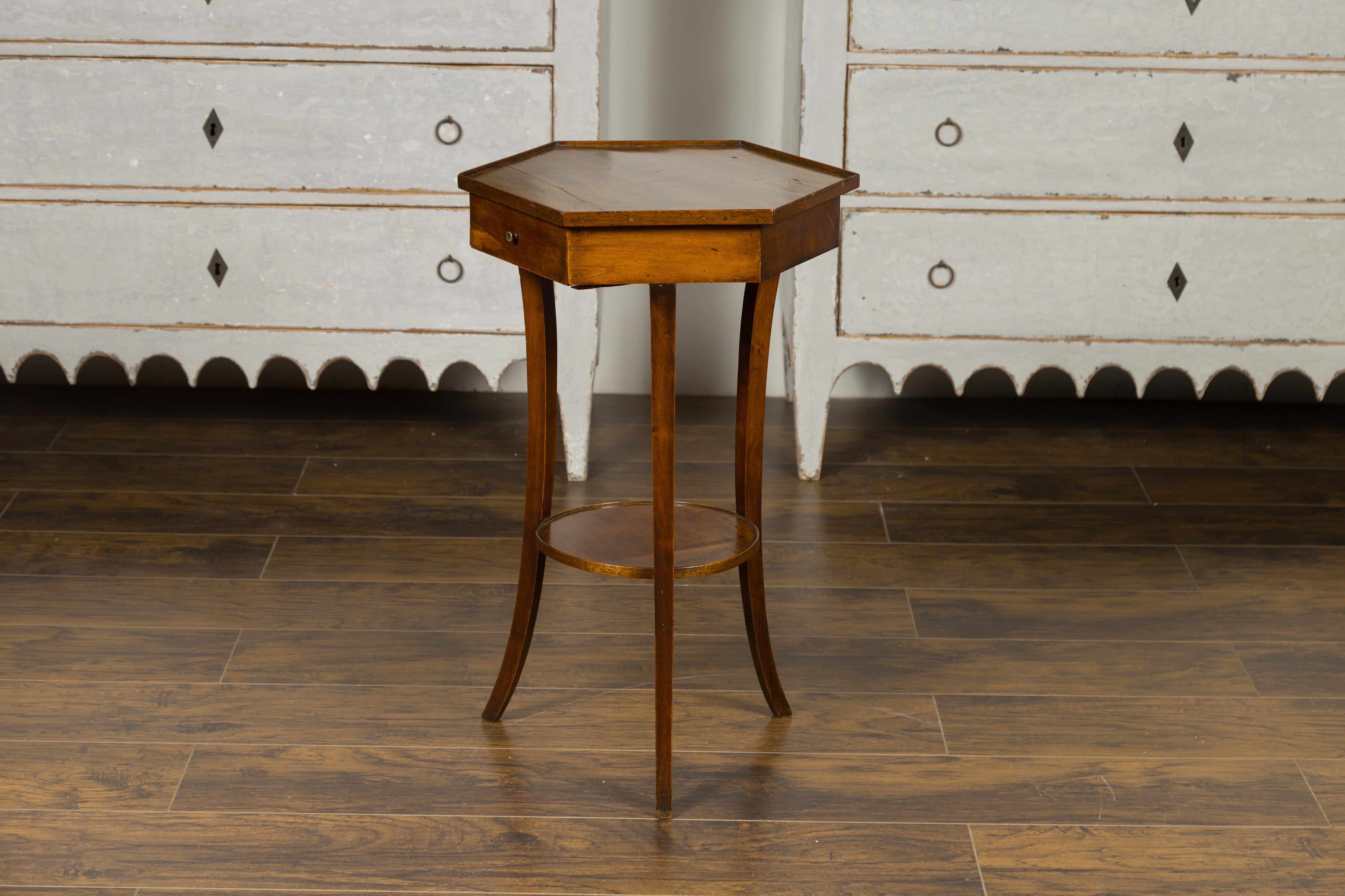 Italian 1850s Walnut Side Table with Hexagonal Top, Single Drawer and Low Shelf 8