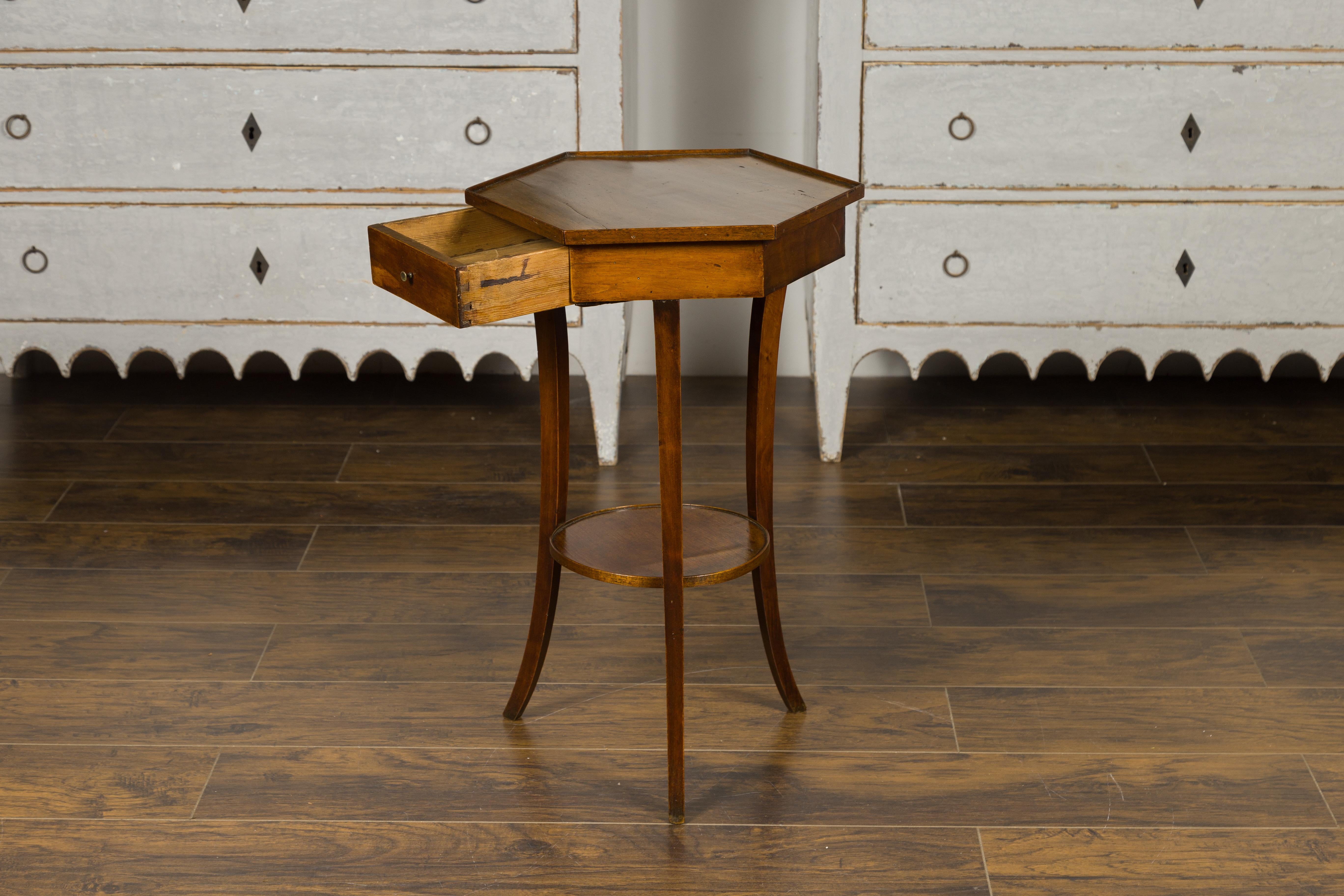 Italian 1850s Walnut Side Table with Hexagonal Top, Single Drawer and Low Shelf 9