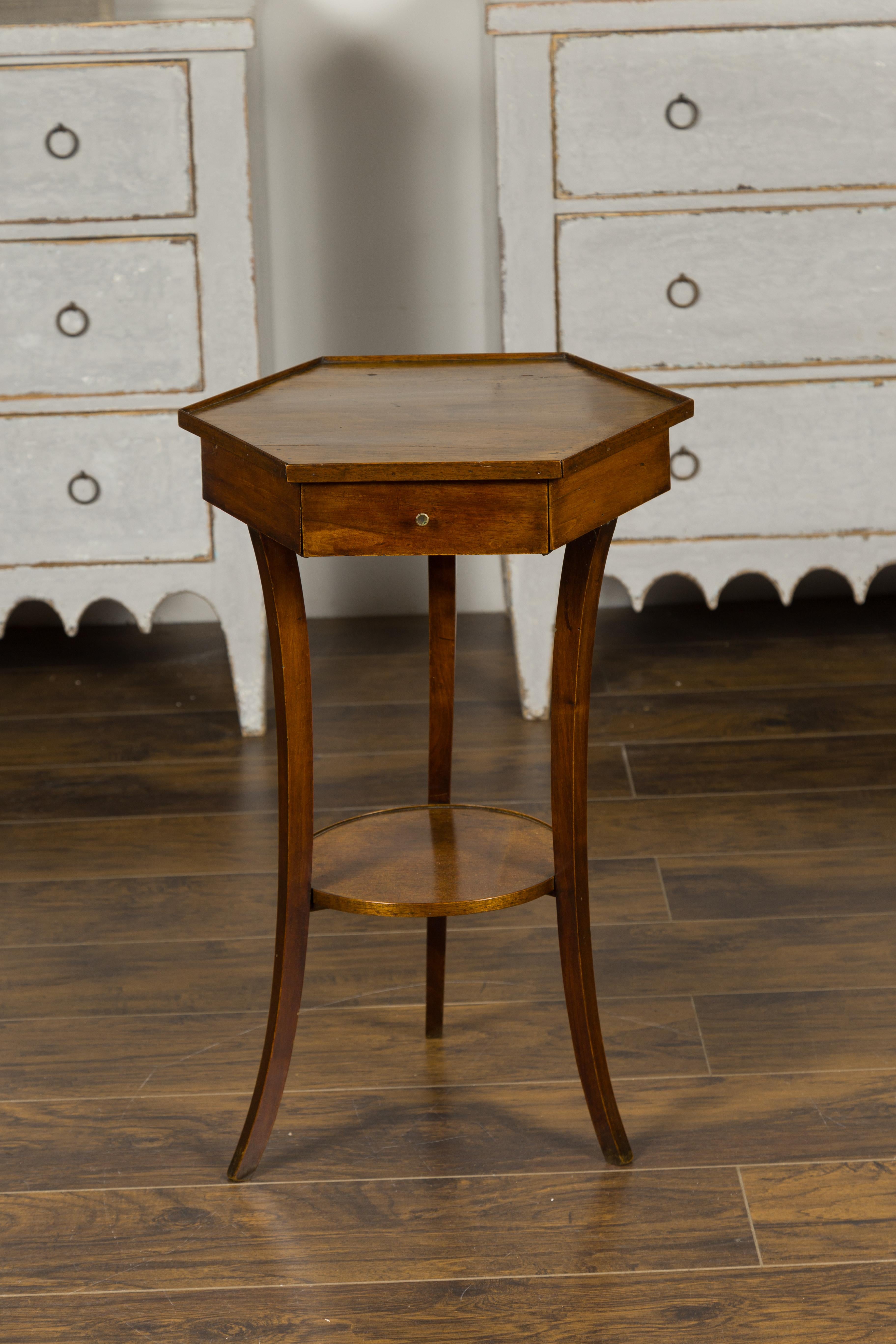 Italian 1850s Walnut Side Table with Hexagonal Top, Single Drawer and Low Shelf In Good Condition In Atlanta, GA