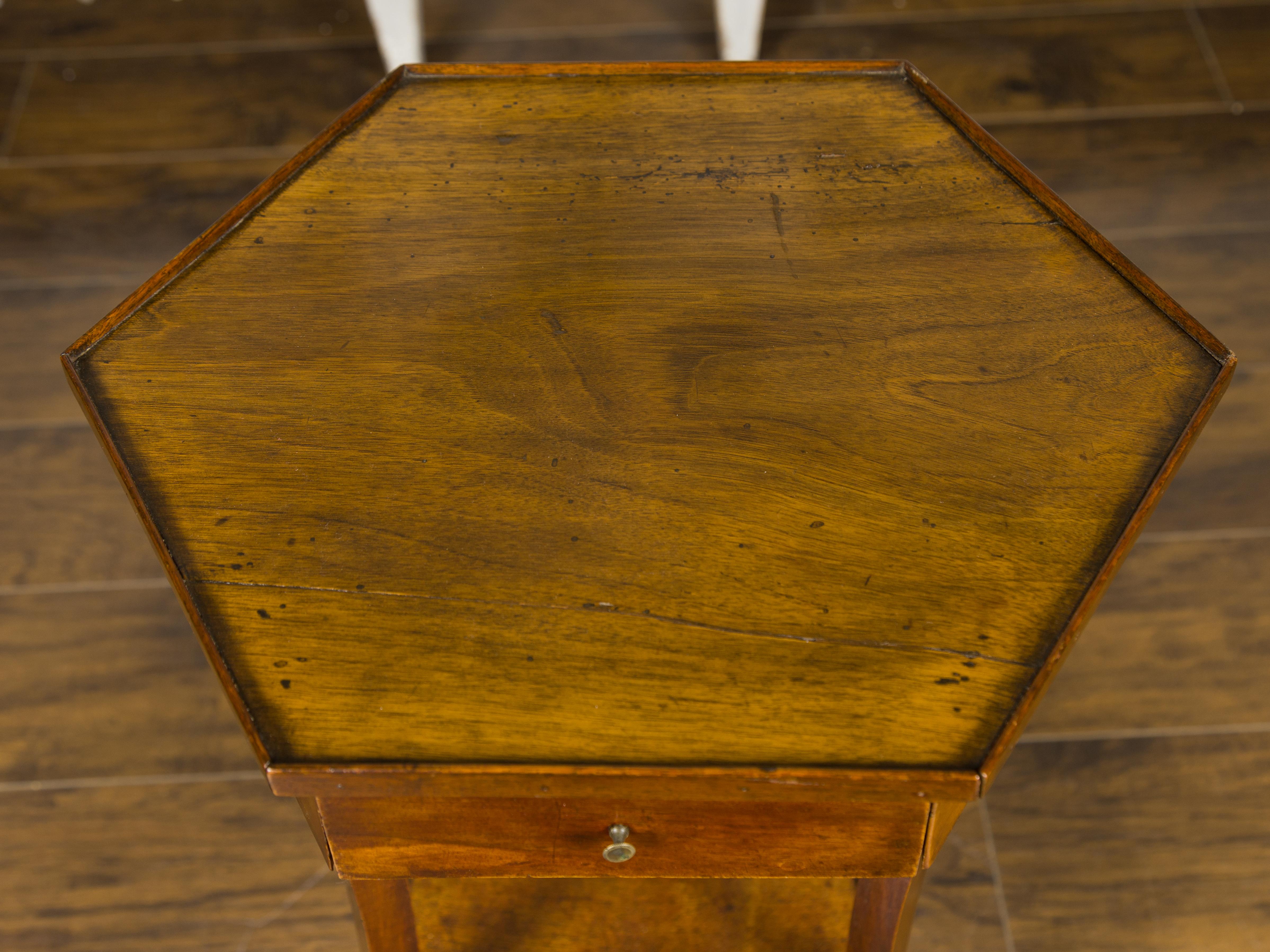 Italian 1850s Walnut Side Table with Hexagonal Top, Single Drawer and Low Shelf 1